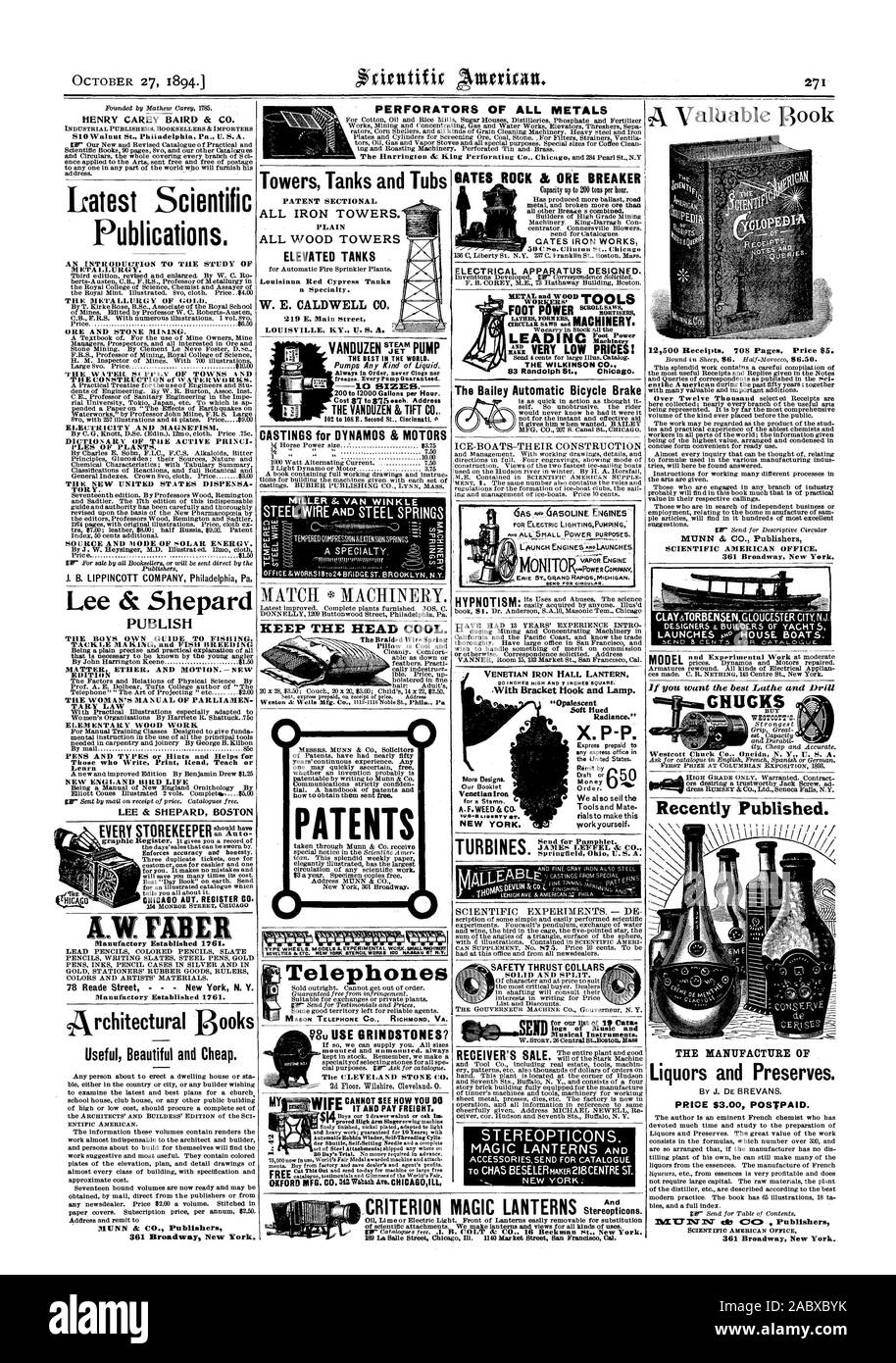 Novità &ecc. Nuovo YORE stencil lavora 100 NASSAU ST N.Y. Telefoni MASON TELEPHONE CO. RICHMOND VA. Per LIGHTINGPUMPING elettrico; motore di vapore di SENO PER CIRCOLARE. Ferro veneziano HALL lanterna con la staffa del gancio e lampada. "Opalescente tinte soft Radiance.' X.P-P. L'ordine. Turbine inviare per opuscolo. JAMES IEFFEL & CO. Springfield Ohi a. S. A. NEW YORK. Il Bailey automatico freno di bicicletta Louisiana Red Cypress serbatoi una specialità. W. E. CALDWELL CO. 2 19 E. Main Street il migliore al mondo., Scientific American, 1894-10-27 Foto Stock