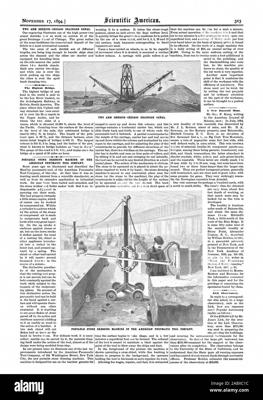 Il 17 novembre 1894. Due braccio DERRICK-CHICAGO canale di drenaggio. Il ponte più alto. Pietra portatile macchina ravvivatrice DELLA AMERICAN Pneumatic Tool Company. Un nuovo Emerald Hine. Leccare Osservatorio. Pietra portatile macchina ravvivatrice DELLA AMERICAN Pneumatic Tool Company., Scientific American, 1894-11-17 Foto Stock