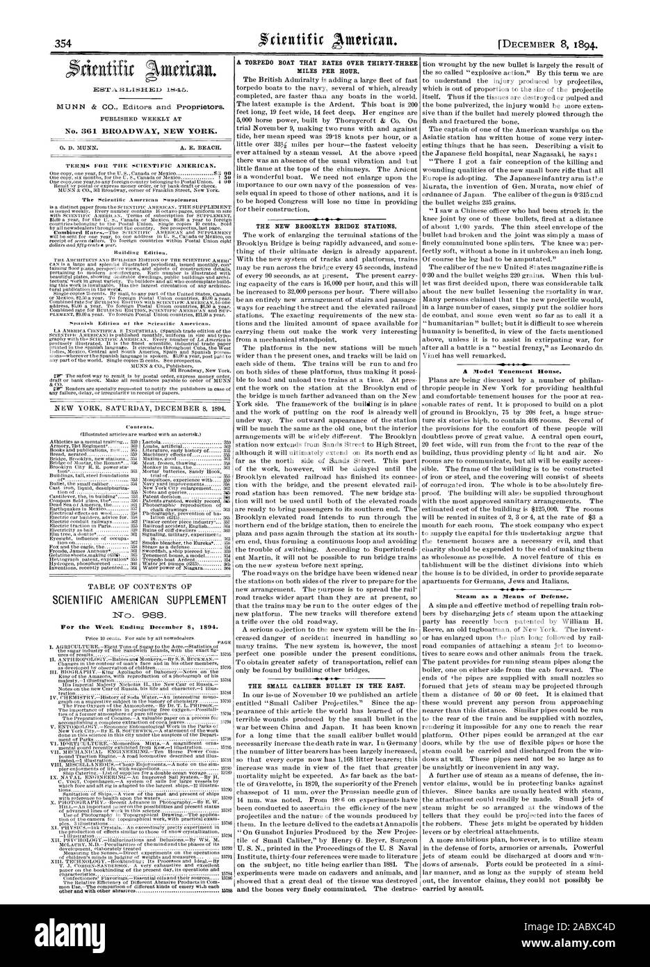 1845. Settimanale pubblicata al n. 361 Broadway New York. Termini per la Scientific American. Miglia all'ora. Il nuovo ponte di Brooklyn stazioni. Il piccolo calibro BULLET IN ORIENTE. Un modello Tenement House. Il vapore come mezzo di difesa. portati da assalto. Contenuto. SCIENTIFIC AMERICAN SUPPLEMENT, 1894-12-08 Foto Stock