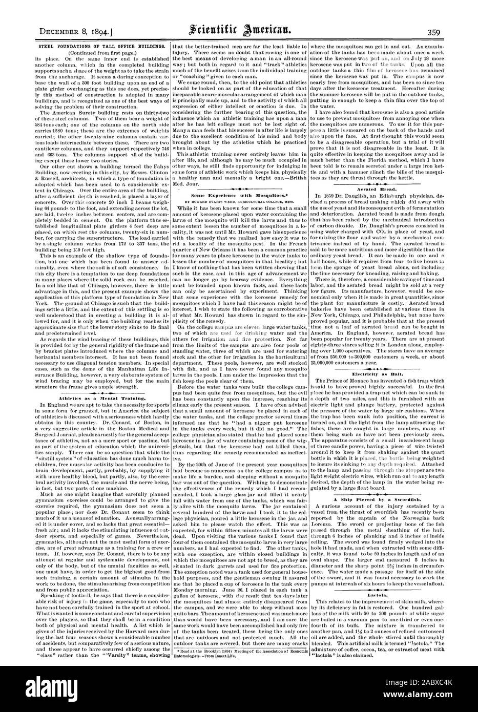 Basi in acciaio di alti edifici di uffici. Atletica leggera come un Training mentale. Un po' di esperienza con le zanzare. Pane aerato. L'elettricità come esca. Una nave trafitto da una spada. Lactola., Scientific American, 1894-12-08 Foto Stock