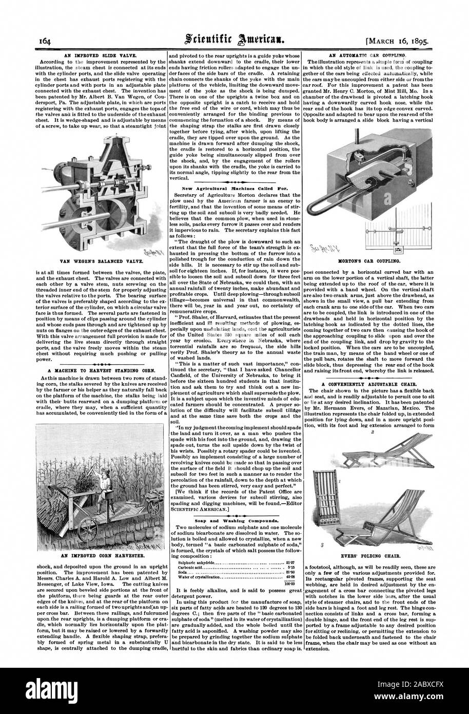 Una migliorata la valvola a cassetto. VAN WEGEN della valvola bilanciata. Una macchina per la raccolta di mais permanente. Nuove macchine agricole chiamato per l. Sapone e composti di lavaggio. Un sistema automatico di accoppiamento per auto. MORTON la vettura di accoppiamento. Una comoda sedia regolabile. EVERS' sedia pieghevole. Una migliorata trincia mais., Scientific American, 95-03-16 Foto Stock