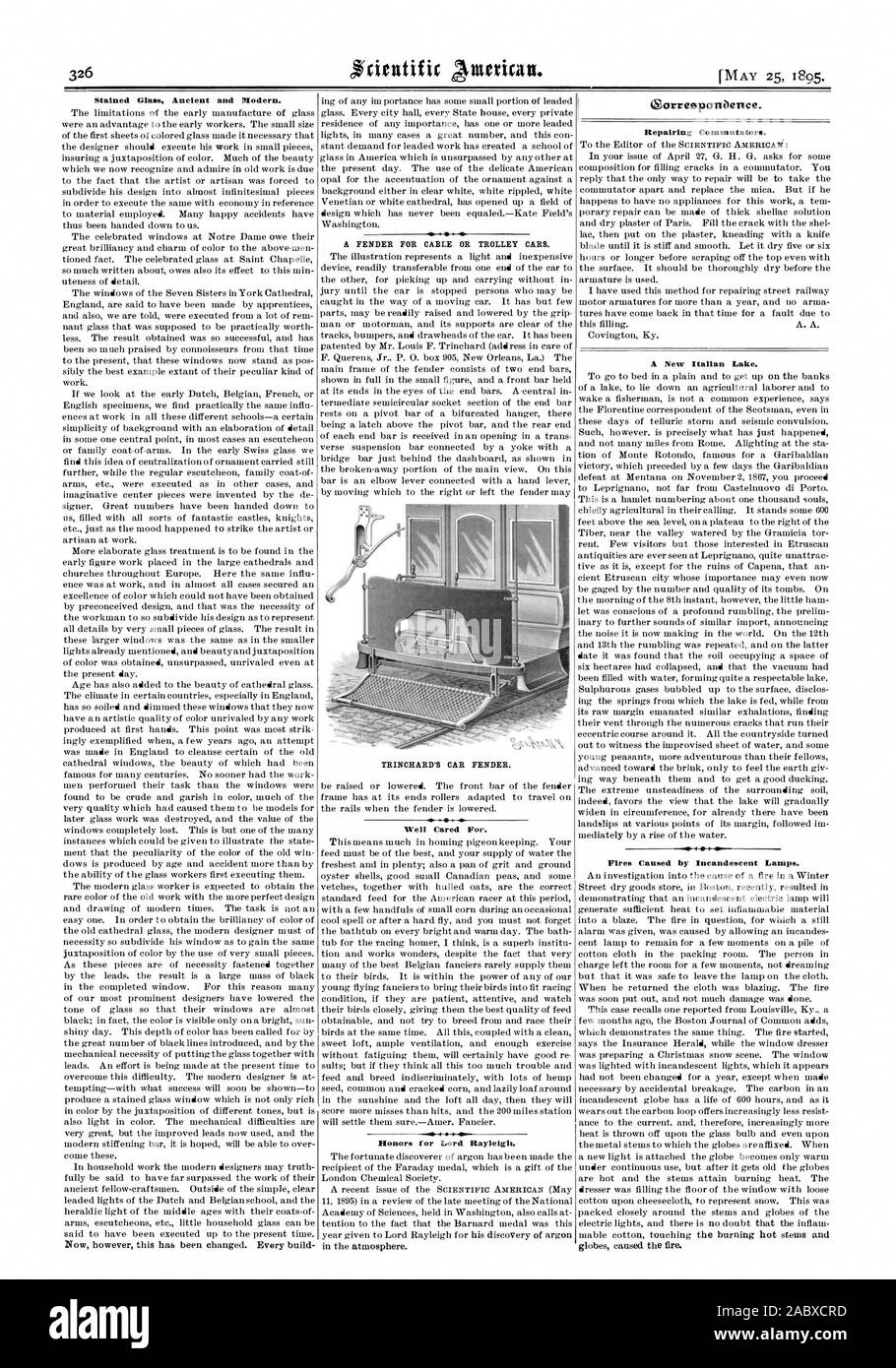Vetrate antiche e moderne. Un parafango per il cavo o il tram. TRINCHARD AUTO DEL PARAFANGO. Ben curato. Onori per Lord Rayleigh. Oorresponbence. La riparazione di commutatori. Un nuovo lago italiano. Gli incendi causati da lampade ad incandescenza., Scientific American, 1895-05-25 Foto Stock