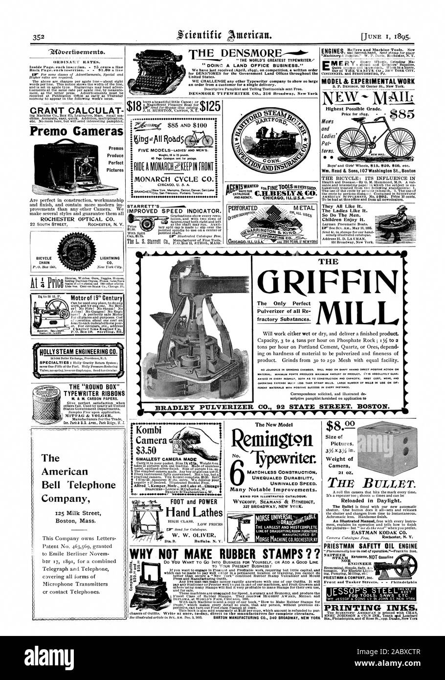 9ibvertisement5. Premo Premos telecamere producono immagini perfette Wm. Leggi & Sons 107 Washington St Boston EW " Motori di posta più elevato grado possibile. 'Fare una terra OFFICE BUSINESS." Abbiamo appena ricevuto (aprile 1895) sulla concorrenza di un ordine scritto per DENStIORES per il governo terra uffici su tutto il territorio degli Stati Uniti. Abbiamo sfida qualsiasi altra azienda di macchine da scrivere per mostrare in modo ampio un ordine da un cliente per una singola consegna. Il fulmine CO. Motore del XIX secolo HOLLY STEAM ENGINEERING CO. Il 'ROUND BOX' NASTRI PER MACCHINE DA SCRIVERE M. & M. carbon paper. MIT'EAG & VOLGER ROCHESTER OPTICAL CO. La bicicletta Foto Stock