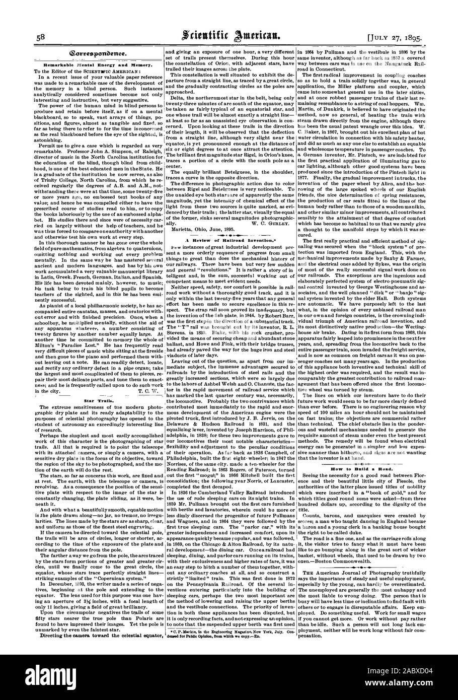 Revisione della ferrovia trovato. Come costruire una strada. Notevole energia mentale e memoria., Scientific American, 1895-07-27 Foto Stock