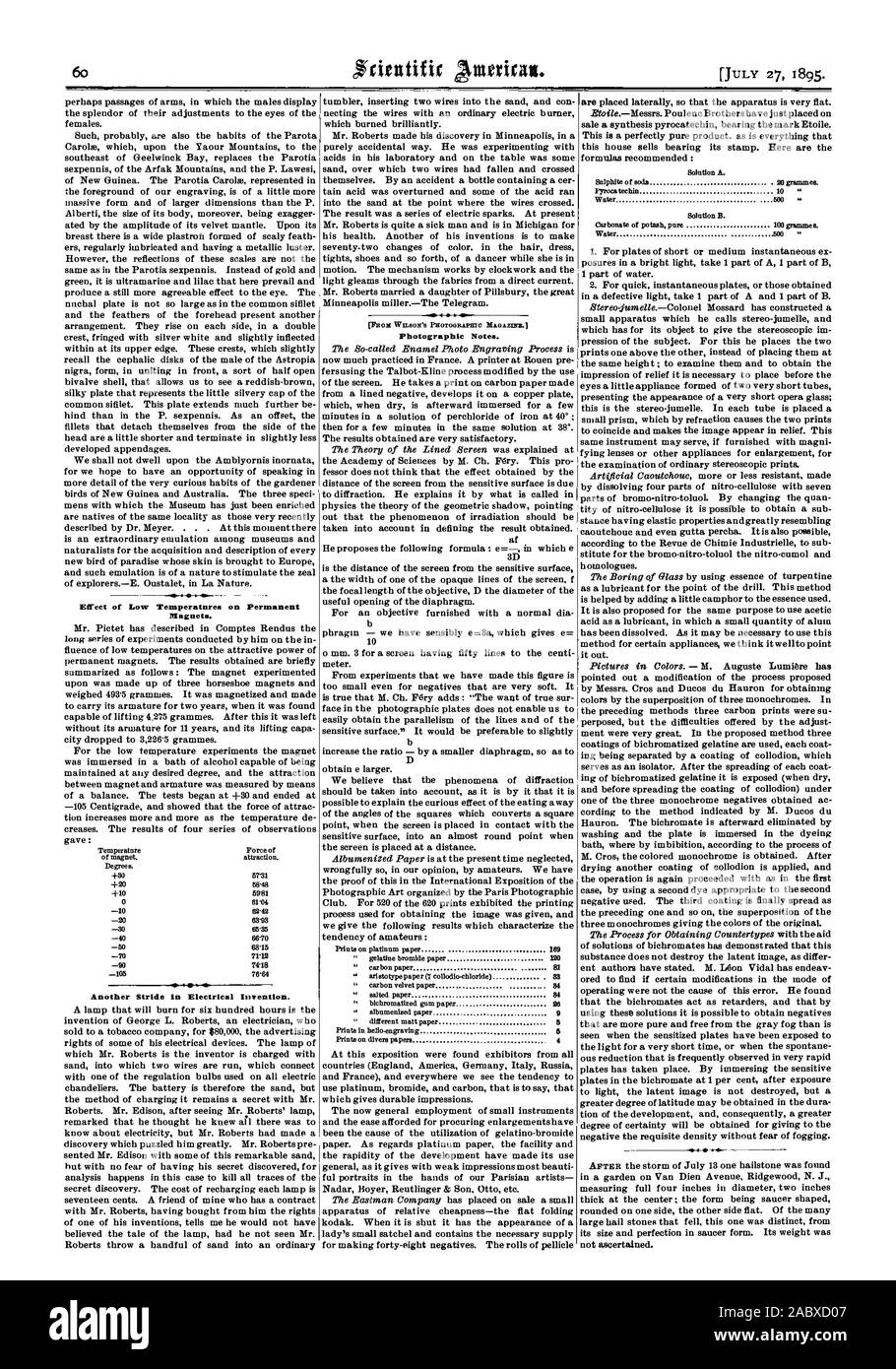 Effetto delle basse temperature sulla magneti permanenti. -10 Un altro passo nella invenzione elettrico. [PROM DI WILSON rivista fotografica.) Note fotografiche., Scientific American, 1895-07-11 Foto Stock