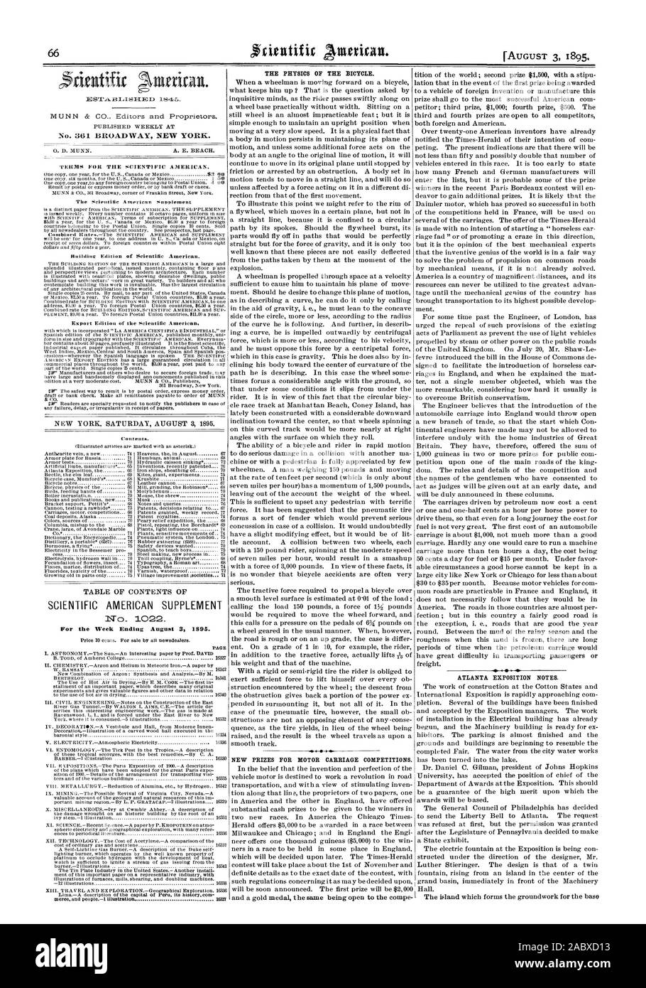 No. 1022 La fisica della bicicletta. Nuovi premi per il motore carrello concorsi. ATLANTA EXPOSITION note. Hall., Scientific American, 1895-08-03 Foto Stock