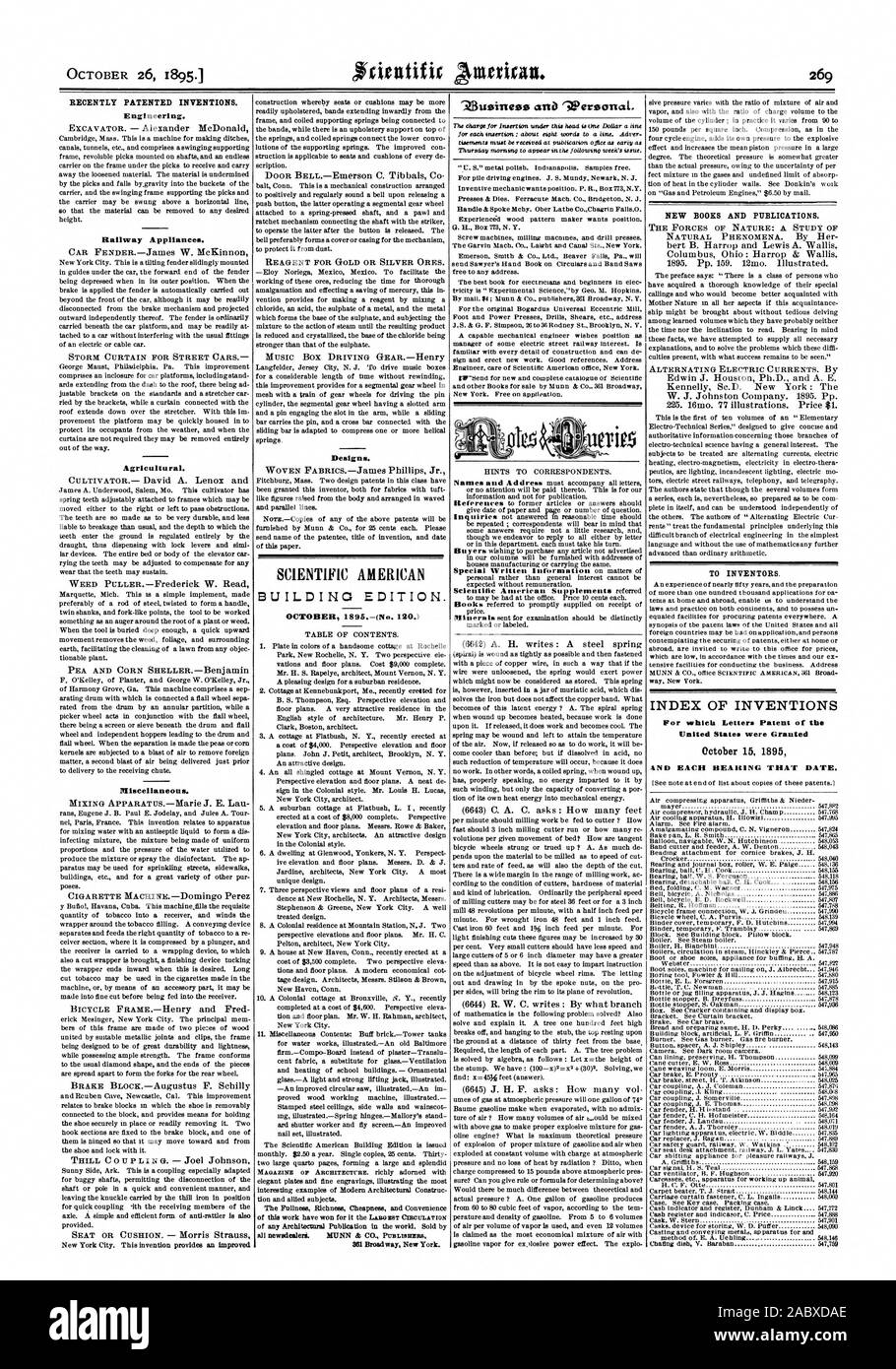 Ottobre 26 18951 recentemente invenzioni brevettate. Engineering. Apparecchiature ferroviarie. Agricola. Varie. Disegni e modelli. SCIENTIFIC AMERICAN EDIFICIO EDITION. Ottobre 1895(n. 120.) 361 Broadway New York. Nuovi libri e pubblicazioni. Per gli inventori. Indice delle invenzioni per quale lettera. Brevetto dell'15 ottobre 1895 e ogni allevamento che data., 1895-10-26 Foto Stock