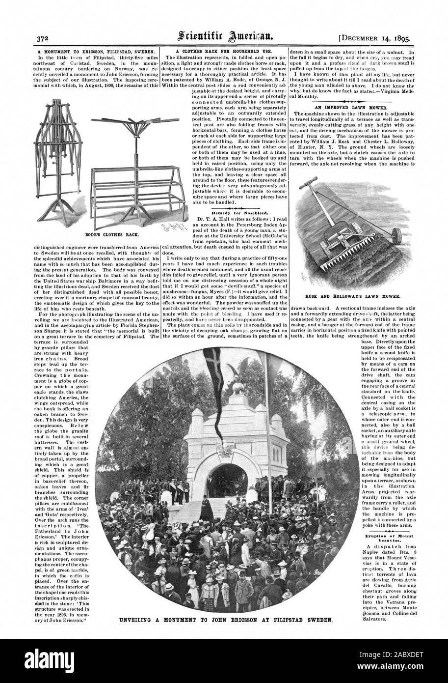 Un monumento a FILIPSTAD Ericsson in Svezia. Remedy per Nosebleed. Un migliorato dispositivo rasaerba. Fette biscottate e HOLLOWArs tosaerba. Eruzione del Vesuvio. BODE portabiti. Inaugurazione di un monumento a Giovanni Ericsson in Svezia FILIPSTAD., Scientific American, 1895-12-14 Foto Stock