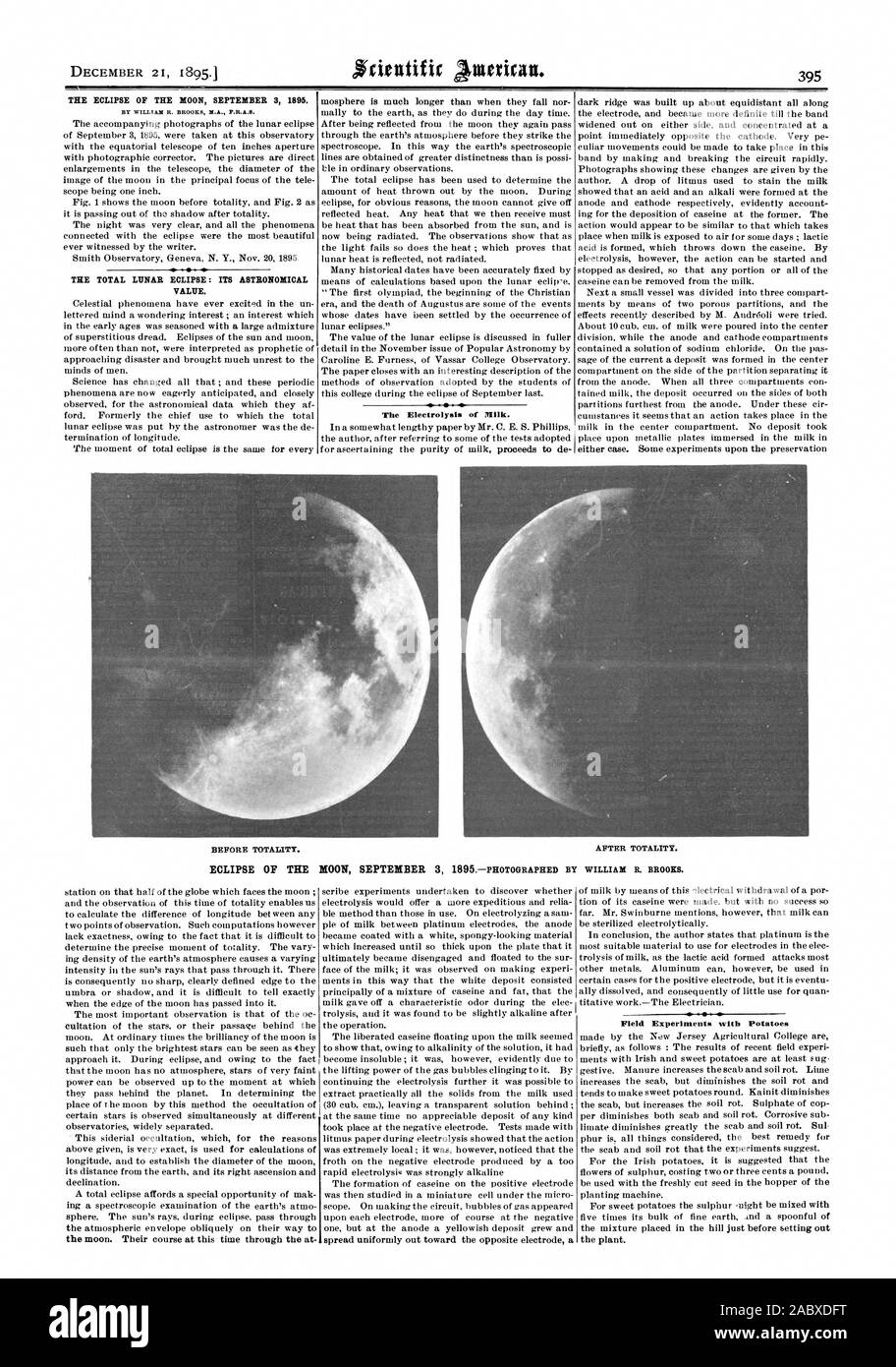 MI= eclissi di luna il 3 settembre 1895. L'eclissi lunare totale: il suo valore astronomico. La elettrolisi di latte. Prima di totalità. Dopo la totalità. R. Brooks. Esperimenti sul campo con patate, Scientific American, 1895-12-21 Foto Stock