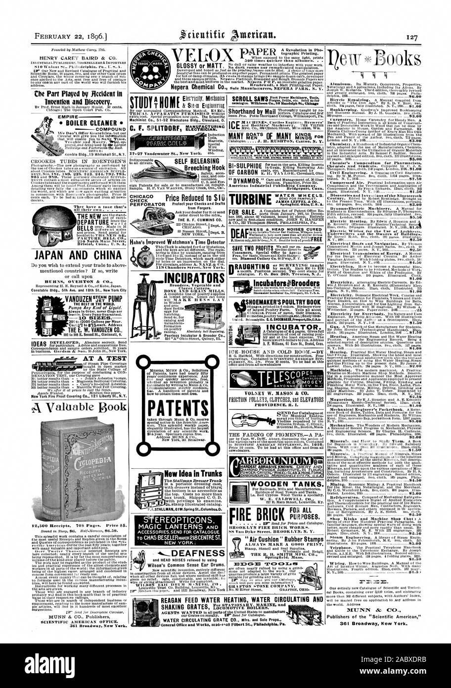 Ic Ilra Scientific American OFFICE 361 Broadway New York. Nuova idea di tronchi è una medicazione portatile caso STEREOPTICONS. . E la testa disturbi alleviati mediante Louisville Trust Co. Edificio Loinsville invenzione e di scoperta e. EMPIRE CALDAIA composto detergente Kemble Bldg.19 Whitehall San N.Y. BURNS OVERTON & CO. Constable Bldg. 6 Ave. e xviii San New York City in azienda. Gardam & figlio 95 San Giovanni di New York. In un test i migliori al mondo. Pompe di qualsiasi tipo di liquido. 10 dimensioni il E. W. VANDUZEN CO. tutti loro . . . . . Campana PARTURE CO. 210 North Main Street Bristol Conn.. U. S. A. IN GIAPPONE E IN CINA Foto Stock