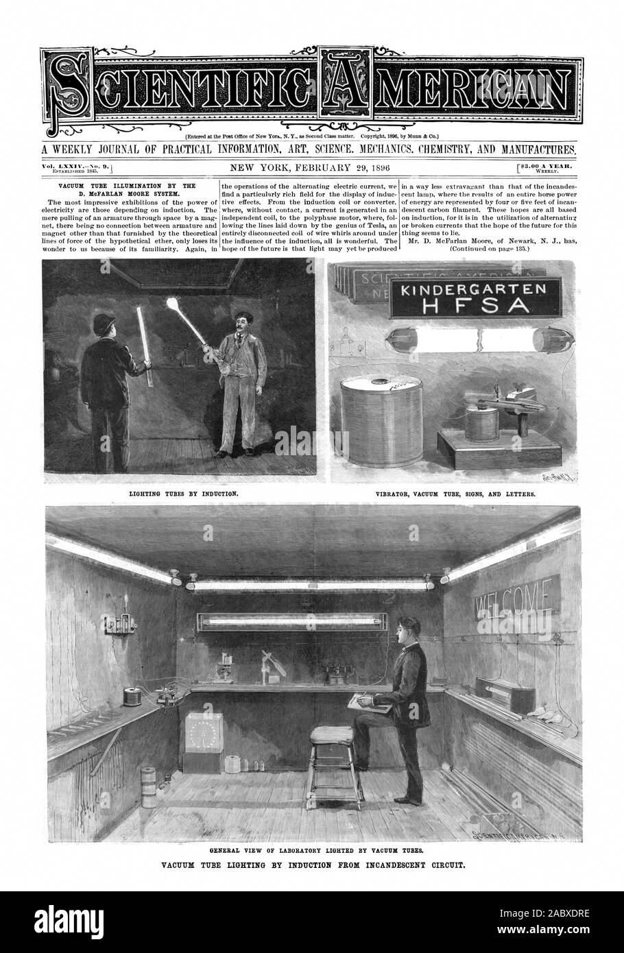 Un giornale settimanale di informazioni pratiche arte scienza. Meccanica. Chimica e produce. Vol. LXXIVNo. Il tubo del vuoto ILLUMINAZIONE DALLA D. McFARLAN MOORE SISTEMA. Tubi di illuminazione mediante induzione. Il vibratore vuoto tubo segni e lettere. Vista generale del laboratorio illuminato da tubi a vuoto. Tubo a vuoto l'illuminazione per induzione dal circuito A INCANDESCENZA., Scientific American, 1896-02-29 Foto Stock