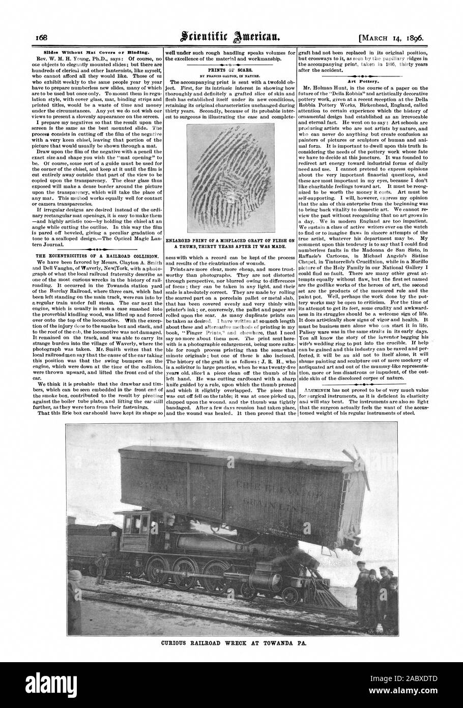 Scorre senza tappetino copre o vincolante. La eccentricità di una ferrovia collisione. ben al di sotto di tale manipolazione parla i volumi per l'eccellenza del materiale e di lavorazione. Stampe di cicatrici. Da Francis Galton noi la natura. Stampa ingrandita di un smarrito INNESTO DI CARNE SU UN POLLICE trenta anni dopo che esso è stato fatto. 4 curioso RAILROAD RELITTO TOWANDA PA., Scientific American, 96-03-14 Foto Stock