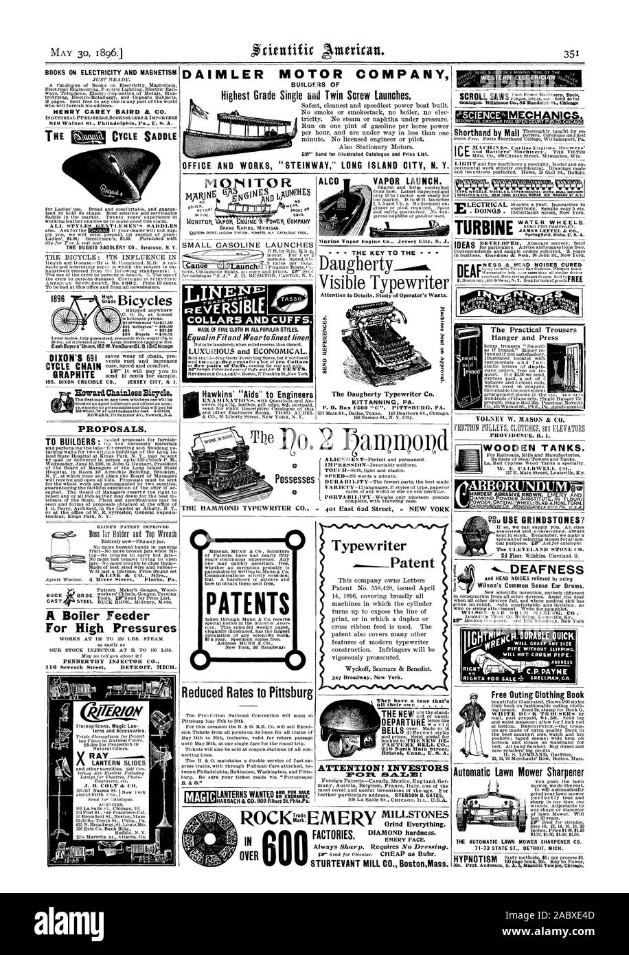 Conn. di Bristol U. S. A. ATTENZIONE! Gli investitori MAGIC Macinare tutto. Ritmo di smeriglio. Per alte pressioni Stereopticons Magic Lan sterne e accessori. LANTERN slide 4-la sordità e la testa disturbi alleviati mediante Wilson il senso comune orecchio tamburi. 0 R libera escursione abbigliamento Prenota Tosaerba automatico Sharpener 71-73 stato ST. DETROIT MICH. Serbatoi di legno. Nastri inchiostratori per macchine da scrivere CO. = 401 EAST 62d Street NEW YORK 0 1896 Scientific American INC., 1896-05-30 Foto Stock
