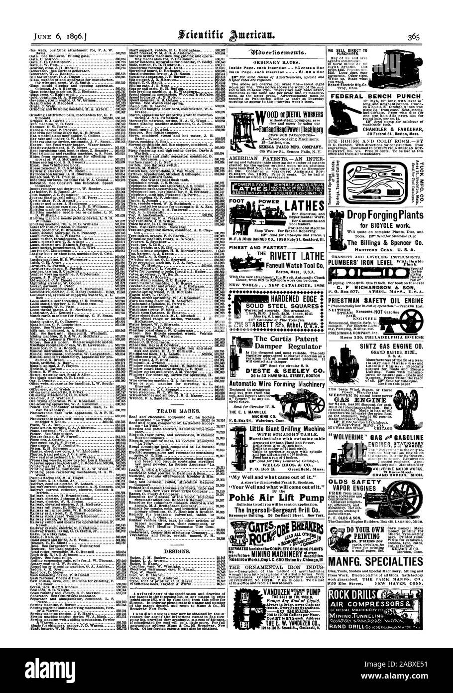 Sempre in ordine di zoccoli mai né fr ogni pompa garantita. 10 dimensioni. 200 a 12000 galloni all'ora. Il E. W. VANNZEN CO" C. 0 RICHARDSON & FIGLIO 1'. 0. Box 977 ATHOL MA?.S. U. S.A. Sicurezza PRIESTMAN OLIO CAMERA MOTORE 530 PHILADELPHIA BOURSE SINTZ MOTORE A GAS CO. Motore a gas WEllsTER MFG. CO. GRAND RAPIDS MICH. OLDS sicurezza motori a vapore P F. OLDS & FIGLIO NON PROPRIO MANFG STAMPA. Specialità Buis ROCK, Scientific American, 1896-06-06 Foto Stock