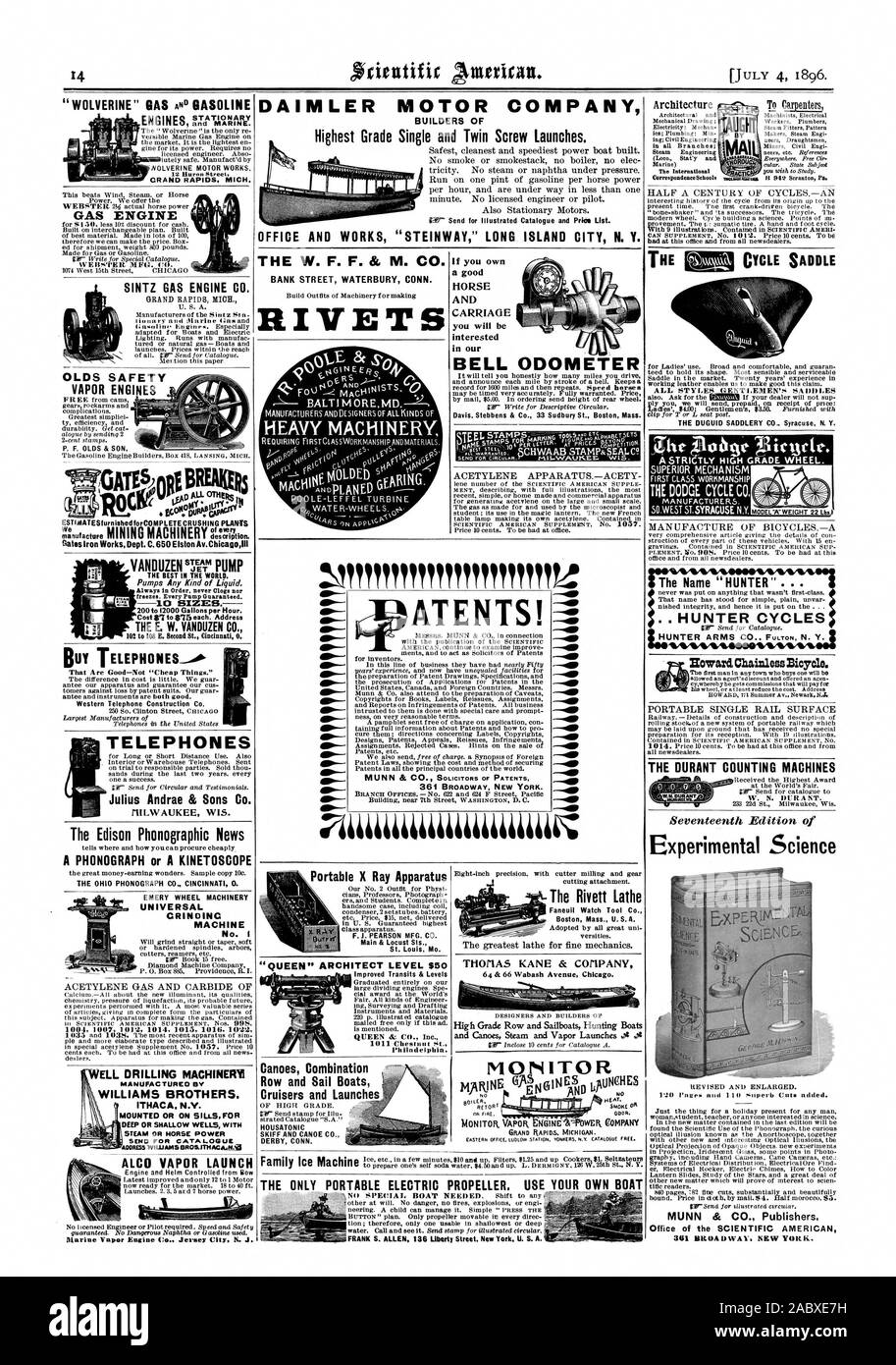 10 dimensioni. Il E. W. VANDUZEN CO. Portable X Ray apparecchiatura principale & Locust Sis. San Luigi Mo. OFFICE E WORKS 'STEINWAY' LONG ISLAND CITY N. Y. DAIMLER MOTOR COMPANY COSTRUTTORI DI P. F. OLDS & FIGLIO OLDS SICUREZZA Motori a vapore di acquistare telefoni-d che sono buoni e non "a buon mercato cose." Western Telefono costruzione Co. Macchinari pesanti e cavallo ATENTS! 361 Broadway New York. .25Th St. N. . Il portatile solo propulsore elettrico. Utilizzare la propria barca FRANK S. ALLEN 136 Liberty Street New York U. S. A. IL MODELLO'A'peso 22 Lin HUNTER CICLI, Scientific American, 1896-07-04 Foto Stock