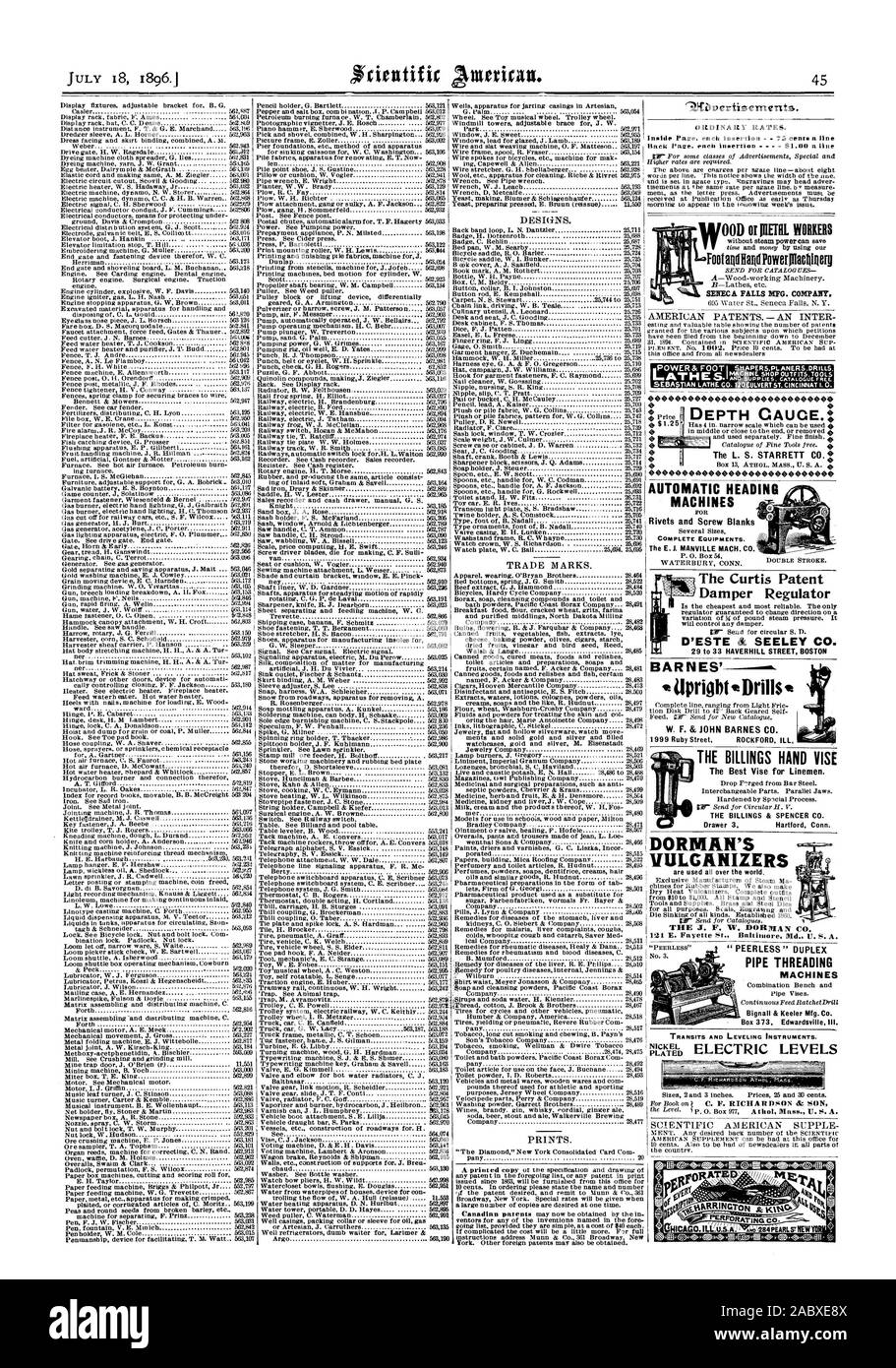 Disegni e modelli. Marchi commerciali. Stampe. ' Ineguagliabile' TUBO DUPLEX FILETTATRICI Bignall & Keeler Mfg. Co. Box 373 Edwardsville Ill. NICKE FootandllandPowerfflacillgerg SENECA PALLS MPG. Società. SEBA CALIBRO DI PROFONDITÀ 0000 voce automatica macchine il E. J. MANVILLE MACH. CO. La domanda di brevetto Curtis smorzatore regolatore 29 a 33 HAVERHILL STREET BOSTON BARNES' e trapani a montante W. F. & JOHN BARNES CO. Le fatturazioni morsa a mano il miglior morsa per Linemen. Il BILLINGS & Spencer CO. Cassetto 3 Hartford Connecticut sono utilizzati in tutto il mondo., Scientific American, 1896-07-18 Foto Stock