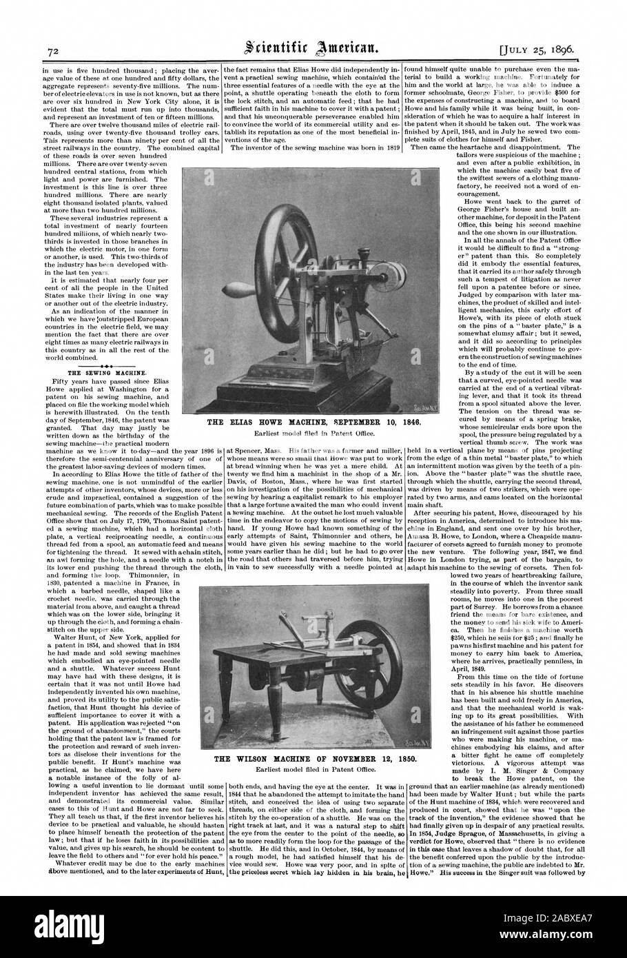 La macchina per cucire. Il ELIAS HOWE MACCHINA 10 settembre 1846. La macchina di Wilson di Novembre 12 1850., Scientific American, 1896-07-25 Foto Stock