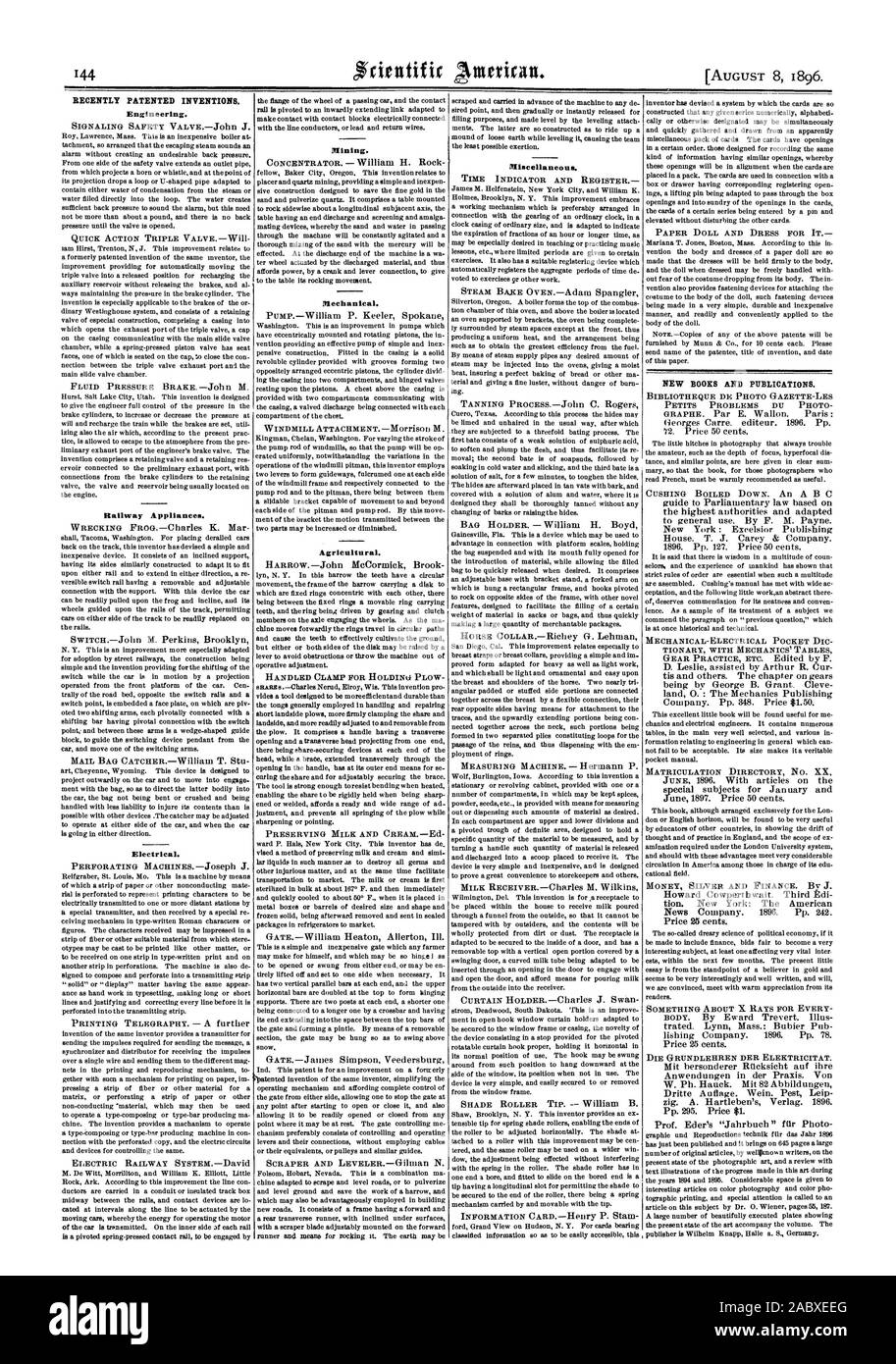 Recentemente invenzioni brevettate. Engineering. Apparecchiature ferroviarie. Elettrico. Meccanica. Agricola. Gestite il morsetto per ARATRO HOLDINO 121Cost. Varie. Bambola di carta e il vestito per essa nuovi libri e pubblicazioni., Scientific American, 1896-08-11 Foto Stock