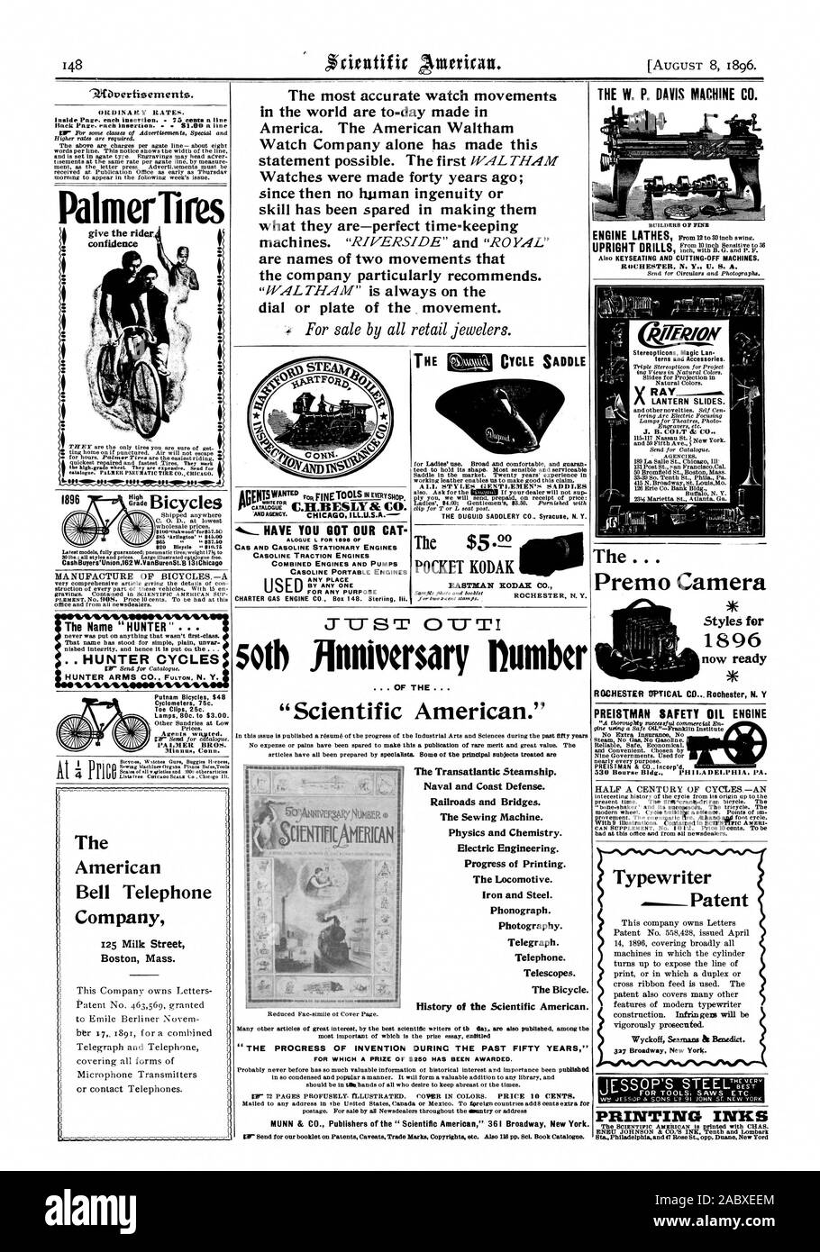 PALMER PNEUMATICO CO. CHICAGO. L. 1896 Ultima CashBuyers'Unione162 Alta spediti ovunque bicicletta w $.75 modelli pienamente garantita; pneum 7% atic pneumatici; peso 1 kg t; tutti gli stili e i prezzi. Ampio catalogo illustrato libero. W.VanBurenSt8131Chicag ufficio e da tutti newsdealers. Il nome 'Hunter' non è mai stato messo su qualcosa che non era di prima classe. PALMER BROS. Manualmente Conti. " Ho biciclette W espia le pistole Buggy Ulroess " American Bell Company Telefono Boston Massachusetts Ridotto Fac-simile della pagina di copertina. La sella del ciclo il piroscafo transatlantico. Navale e di difesa costiera. Ferrovie e Foto Stock