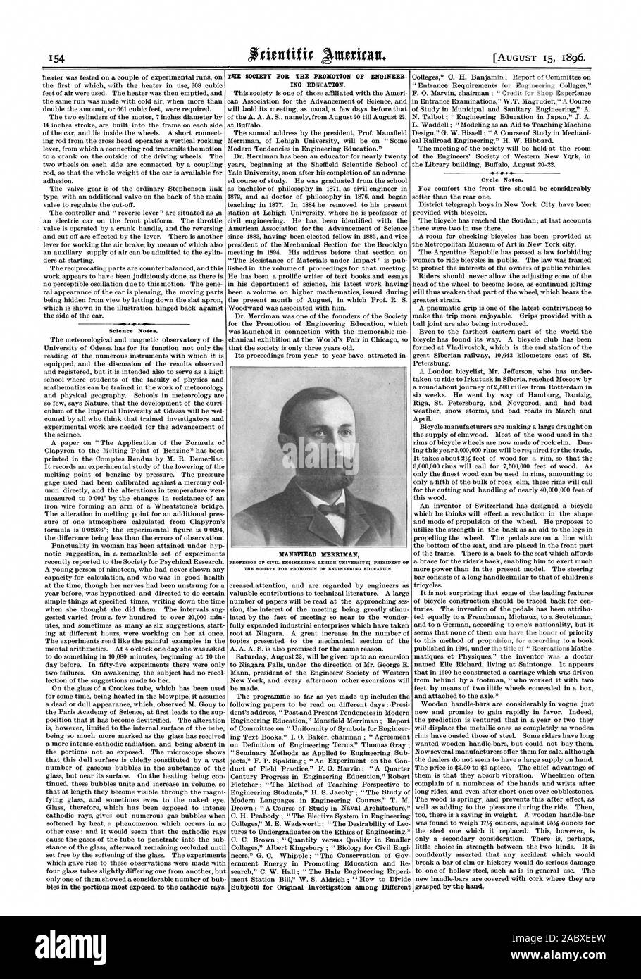 La scienza note. La società per la promozione dell'ingegnere ING l'istruzione. MANSFIELD MERRIMAN Cycle note., Scientific American, 1896-08-15 Foto Stock