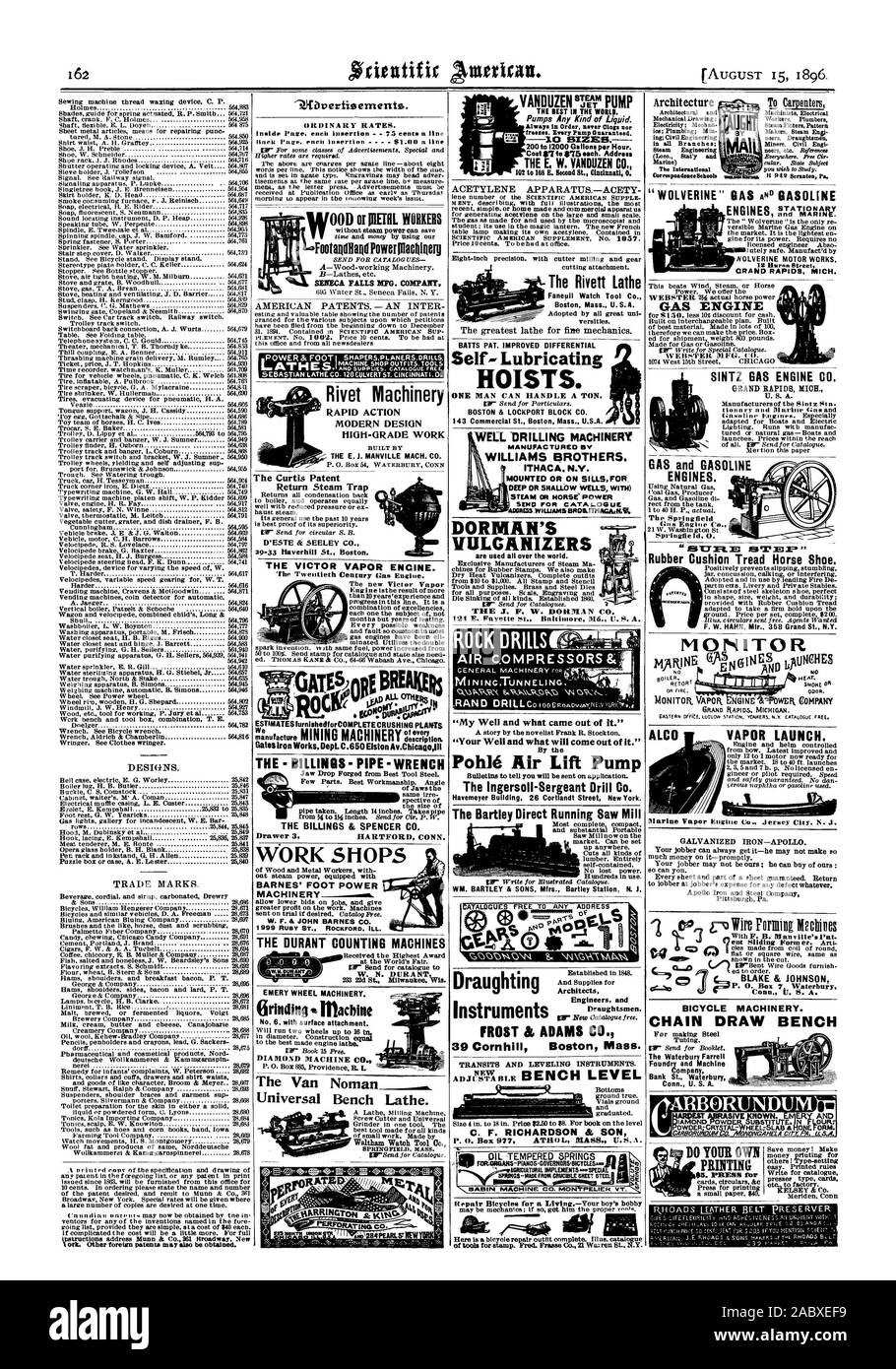 DESIONS. Marchi commerciali. Tort altri brevetti stranieri possono anche essere ottenuti. TOADvertioements. Prezzi ordinari. Pagina interna. ogni inserzione - 75 cent. una linea Barg pagina. erten inserimento - 51.00 è linea alimentazione FootandRand filacOhierg Seneca Falls 17G. Azienda Brevetti americani. - Un INTER ND FORNITURE. Catalogo libere Sebastian tornio CO. 120 canale sotterraneo CINCINNATI ST. O. rivetto macchinari RAPIDA AZIONE DESIGN MODERNO high-grade opera costruita da E. J. MANVILLE MACH. CO. La curtis di ritorno di brevetto trappola per vapore D'ESTE SEELEY & CO. Le fatturazioni -- tubazione - chiave pochi pezzi. Ottima fattura. Angolo di ganasce le fatturazioni Foto Stock