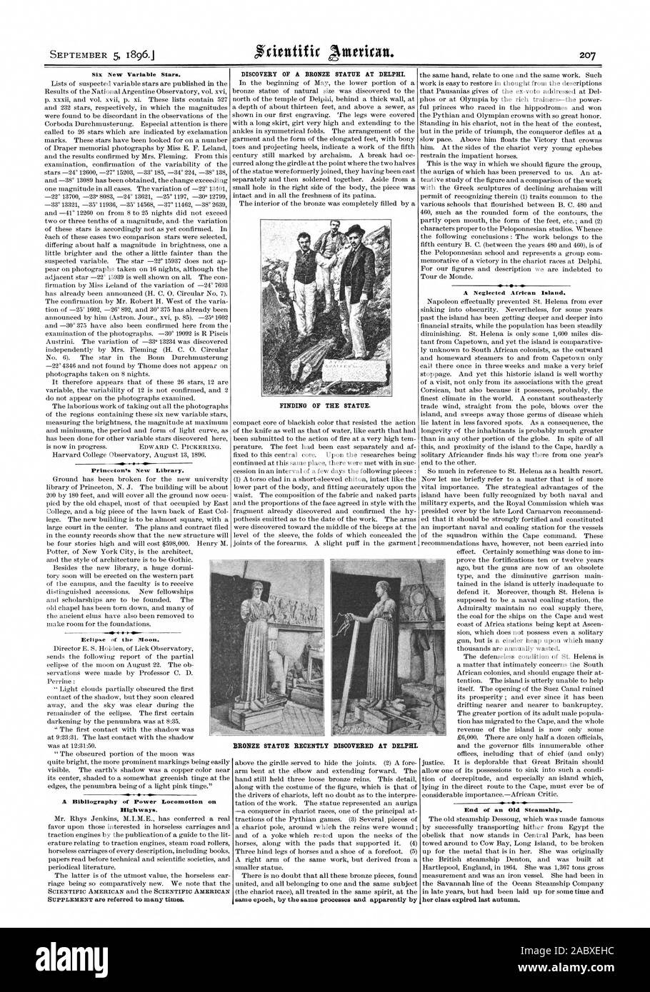 Il 5 settembre 1896. Sei nuove stelle variabili. Princeton la nuova libreria. Una bibliografia di potere camminare sulle autostrade. La scoperta di una statua in bronzo di Delfi. Ricerca della statua. Statua in bronzo scoperto di recente a DELPHI. Un trascurato isola africana. ., Scientific American, 1896-09-05 Foto Stock