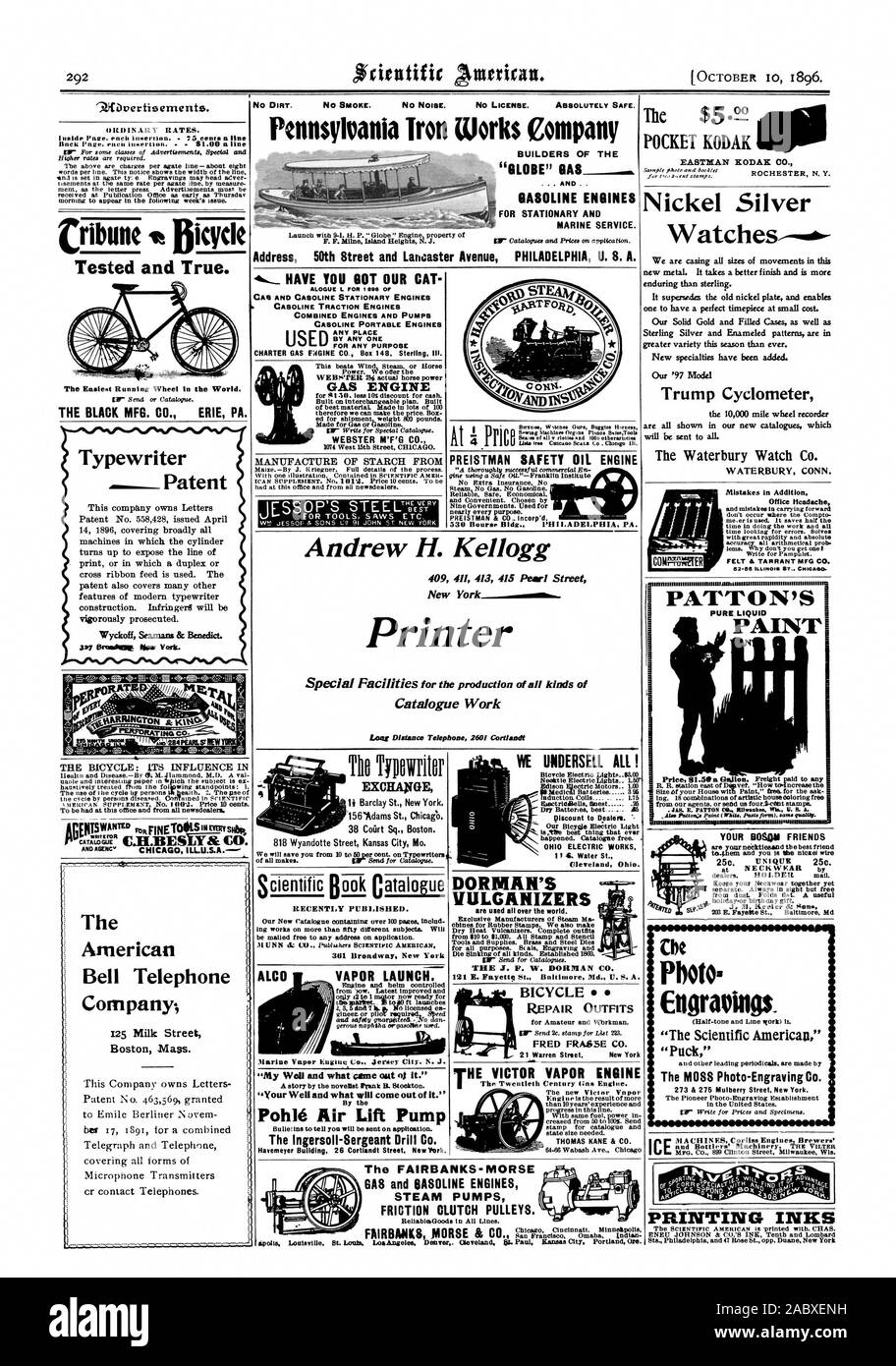 Cleveland Ohio. Il nuovo Victor vapore oltre dieci anni di esperienza e con la stessa potenza del combustibile in sgualcita dal 50 al 100%. Inviare membro dimensione necessaria. THOMAS Kane & CO. GAS E BASOLINE motori di pompe a vapore FRIZIONE PULEGGE. tnnl.MinneivIls inchiostri di stampa ENEU JOHNSON ac CO. di inchiostro della decima e Lombard Stn. Philadelphia e 47 Rose San opp. Duane New York y bene e cosa cono ot.' Pohle Aria pompa sollevamento Bulle:ins per dirvi che sarà inviato su richiesta., Scientific American, 1896-10-10 Foto Stock