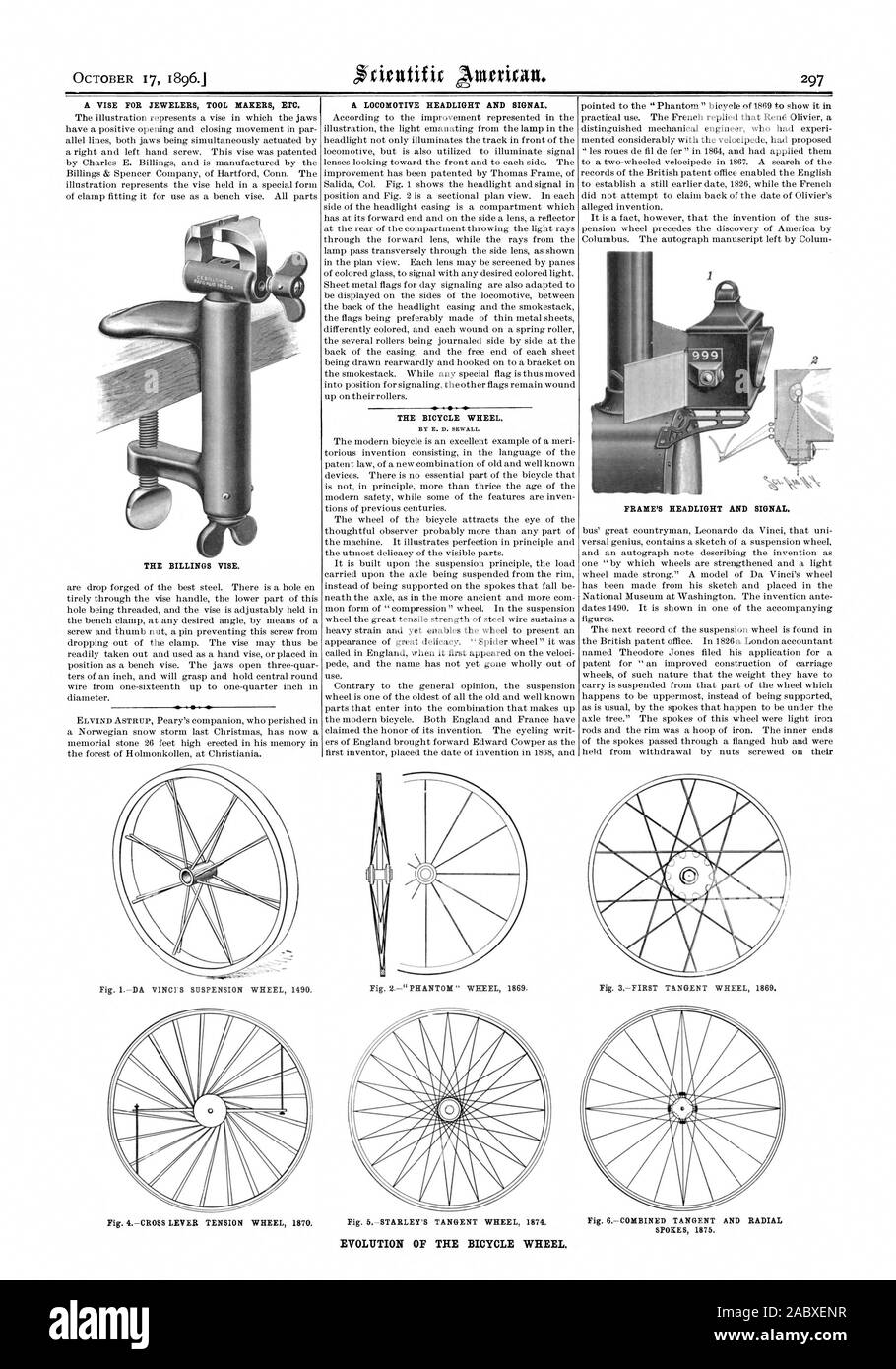 La morsa di fatturazioni. La ruota di bicicletta. Telaio del faro e il segnale. Evoluzione della ruota di bicicletta., Scientific American, 1896-10-17 Foto Stock