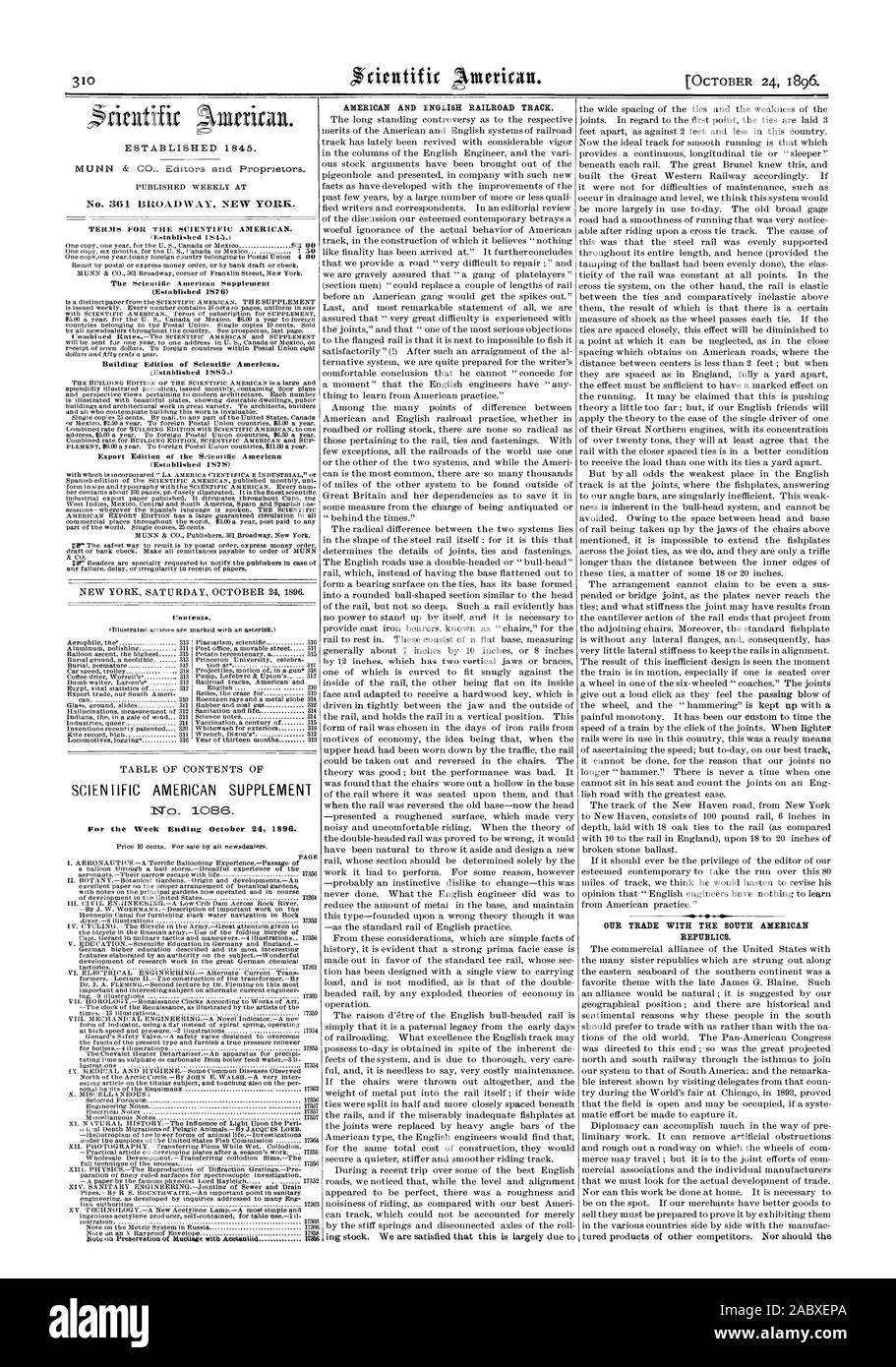 No. 361 Broadway New York. 83 00 1 50 inglese e americana via ferrovia. Il nostro commercio con il sud americana repubbliche. Stabilito 1845., Scientific American, 1896-10-24 Foto Stock