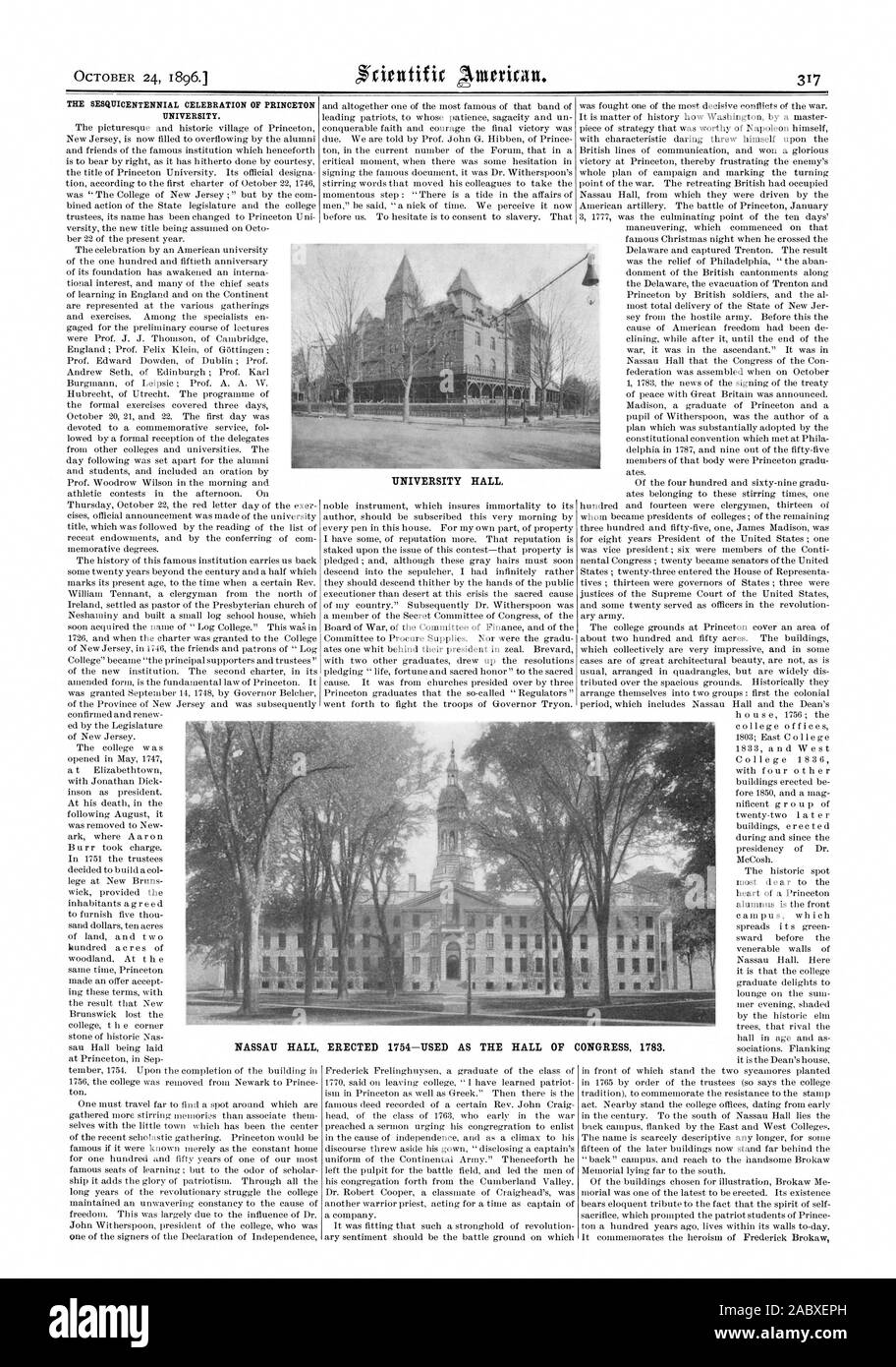 Il SESQUICENTENNIAL celebrazione della Princeton University. Università HALL. NASSAU HALL eretto 1754-UTILIZZATO COME LA SALA DEL CONGRESSO 1783., Scientific American, 1896-10-24 Foto Stock