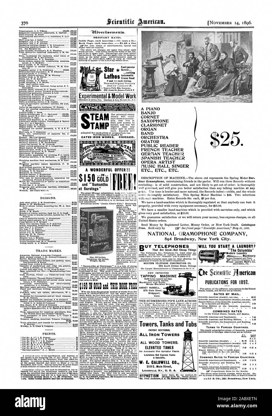 Un pianoforte BANJO CORNET SASSOFONO CLARIONET ORGANO ORCHESTRA banda oratore Lettore pubblico insegnante francese GERrIAN insegnante Insegnante di spagnolo opera riusic artista cantante HALL ETC. Ecc. Ecc. $25. NATIONAL GRAMOPHONE COMPANY 894 Broadway New York City. indirizzo irstructions Munn & co. 361 Broadway Nen urn. Altri brevetti stranieri possono anche essere ottenuti. Pagina interna ogni inserzione 7,5 centesimi una linea retro pagina ogni inserzione - S1.01) una linea & sperimentale modello di lavoro un meraviglioso!!! 150 ORO E 'Samantha a Saratoga' acquistare telefoni che sono Good-Not economici cose WESTERN TELEFONO COSTRUZIONE CO. 250 Sud Foto Stock