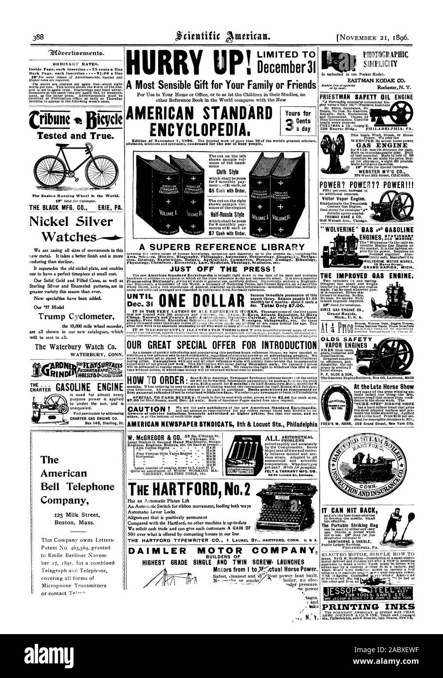 Affrettatevi LIMITATA T ; Dicembre3I STANDARD AMERICANO ENCYCLOPEDIA. A vostra disposizione per un giorno lo stile di stoffa $5 Cash con ordine. Stile Half-Russia $7 Cash con ordine. Una superba biblioteca di riferimento appena fuori la stampa! Fino a quando non fissa immediato possesso di questa eccellente libreria. Saldo da pagare $1.00 mensile per 6 mesi- circa 3 centesimi di un nostro grande Offerte speciali per introduzione 9.0v ertisements. Bicicletta Cribune testato e vero. Il nero MFG. CO. ERIE PA. Nichel-argento orologi Trump Cyclometer Il Waterbury Watch Co. Il MOTORE A BENZINA CHARTER MOTORE A GAS CO. Box 148 Sterling Ill. American Bell Telephone Company Foto Stock