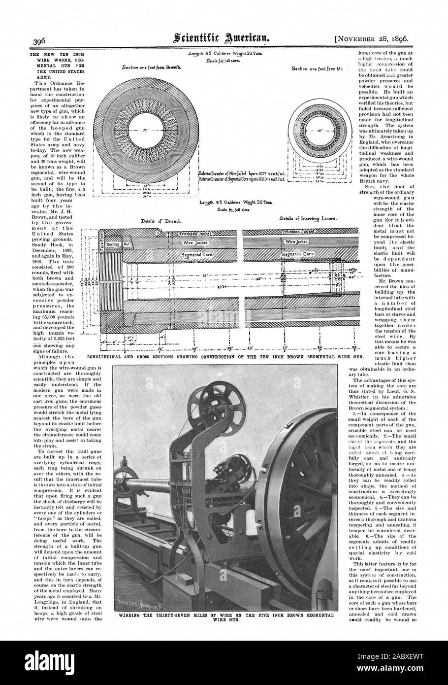 Giacca di filo. Un piede fruin razze. Dettagli O )3r eock avvolgimento dei trenta-sette miglia di filo su cinque pollici marrone filo segmentale pistola. I nuovi dieci pollici IN FILO AVVOLTO SEG pistola mentale per l'esercito degli Stati Uniti. 1 ! E sezioni trasversali che mostra la costruzione di dieci pollici marrone filo segmentale pistola., Scientific American, 1896-11-28 Foto Stock