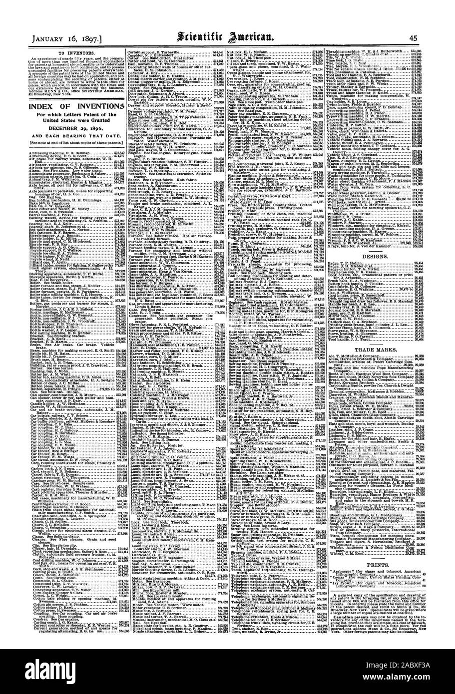 Per gli inventori. Indice delle invenzioni per le quali lettere di Brevetto degli Stati Uniti sono stati concessi 29 dicembre 1896 e ogni cuscinetto che data. Disegni e modelli. Marchi commerciali. Stampe., Scientific American, 1897-01-16 Foto Stock