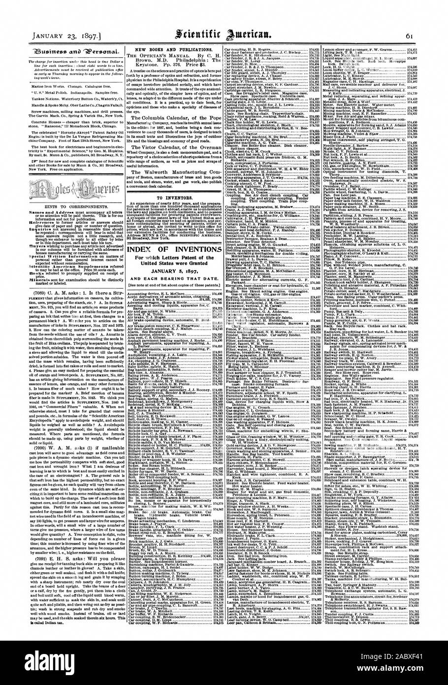 Indice delle invenzioni per le quali lettere di Brevetto degli Stati Uniti sono stati concessi 5 gennaio 1897 e ogni cuscinetto che data., Scientific American, 1897-01-23 Foto Stock