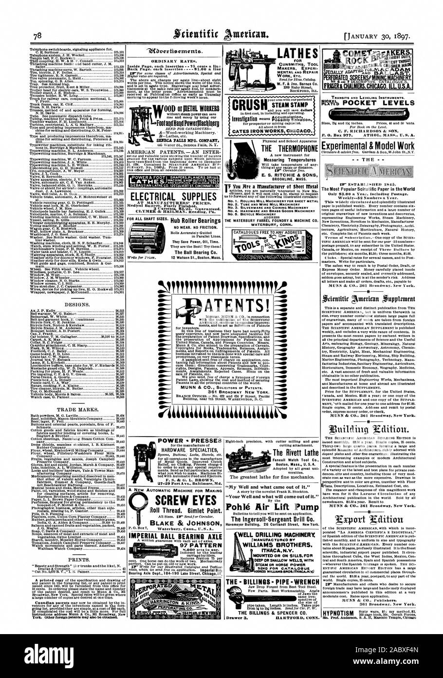 Le fatturazioni - tubazione - chiave i Rivett tornio Faneuil Watch Tool Co. Boston Massachusetts U. S. A. ;Totale KW& POCKET LIVELLI C. F. RICHARDSON & FIGLIO & sperimentale modello di lavoro solo 53.0(1 un anno comprese spese di spedizione. Weekly--52 i numeri di un anno. Torni per armaioli creatori di strumento di lavoro ecc. 1999 Ruby Street THERMOPHONE la misurazione delle temperature BROOKLINE MASS. Wt!io!!!t!!!!!!!!!!IIII!!, Scientific American, 1897-01-30 Foto Stock