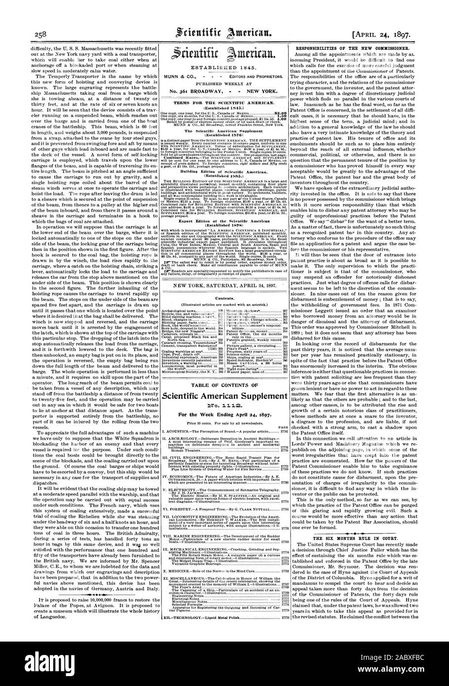 Stabilito 184. No. 361 Broadway New York. Termini per la Scientific American. (Stabilito 1S45.) Il Scientific American Supplement (stabilito 1576) (stabilito 1S55.) Esportazione Edizione del Scientific American (stabilito 187$) contenuto. Tabella dei contenuti di Scientific American supplemento n. 2. Responsabilità del raccordo a T nuovo Commissario. La regola dei sei mesi in tribunale., 1897-04-24 Foto Stock
