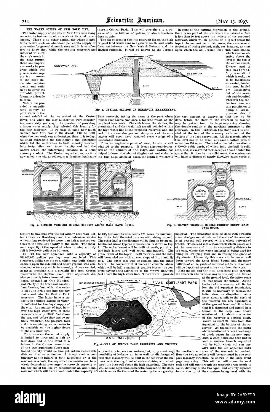 L'alimentazione idrica DELLA CITTÀ DI NEW YORK. Fig. 1 sezione TIPICA DEL SERBATOIO EMBANILDIEN TERRA E. IDS. La sezione attraverso il doppio condotto inferiore cancello principale casa. Nuovo acquedotto attraverso la sezione a doppio condotto al di sopra cancello principale casa. se.5 che contrasta la spinta dell'acqua dalla sua gravità. bacini della sommità della struttura è a livello con il UTNAIM a Roma nelle vicinanze. Fig. 4HAP DI JEROME PARK SERBATOIO E VAN C ar TLANDT PARK un miglio KINGSBRIOGE stazione 0 VECCHIA, Scientific American, 1897-05-15 Foto Stock