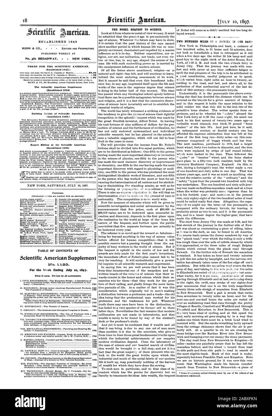 Settimanale pubblicata al n. 361 Broadway New York. Termini per la Scientific American. (Stabilito 1543.) La Scientific American Supplement (stabilito 1876) Edificio edizione di Scientific American. (Stabilito 1553.) Esportazione Edition ot la Scientific American (istituito nel 1575) Contenuto. Tabella dei contenuti di Scientific American Supplement n 1 123. Per il fine settimana di luglio ho 1897., 1897-07-10 Foto Stock