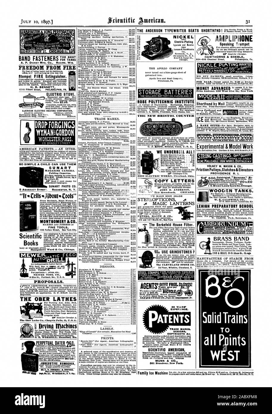 Il ghiaccio MACHIN ES Motori Collis. Produttori di birra. I )ruote di tipo a. Modelli &lavoro sperimentale.IMALLFMNIINERT & sperimentale modello di lavoro ACME FERRO MALLEABILE OPERE. BUFFALO.N.Y W. E. CALDWELL CO. La LEHIGH scuola preparatoria ARBORUNDUM 0 treni solido T tutti i punti a ovest la macchina da scrivere di Anderson batte stenografia! T?Tnitt:Intre'erNtwIlgt: fornelli elettrici. Libri scientifici SIEWER TOOL CO. Marchi commerciali. C. J. ROOT Bristol COBB U. S. A. ABBIAMO UNDERSELL TUTTI! Banda di ottoni .24th St. Y., Scientific American, 1897-07-10 Foto Stock