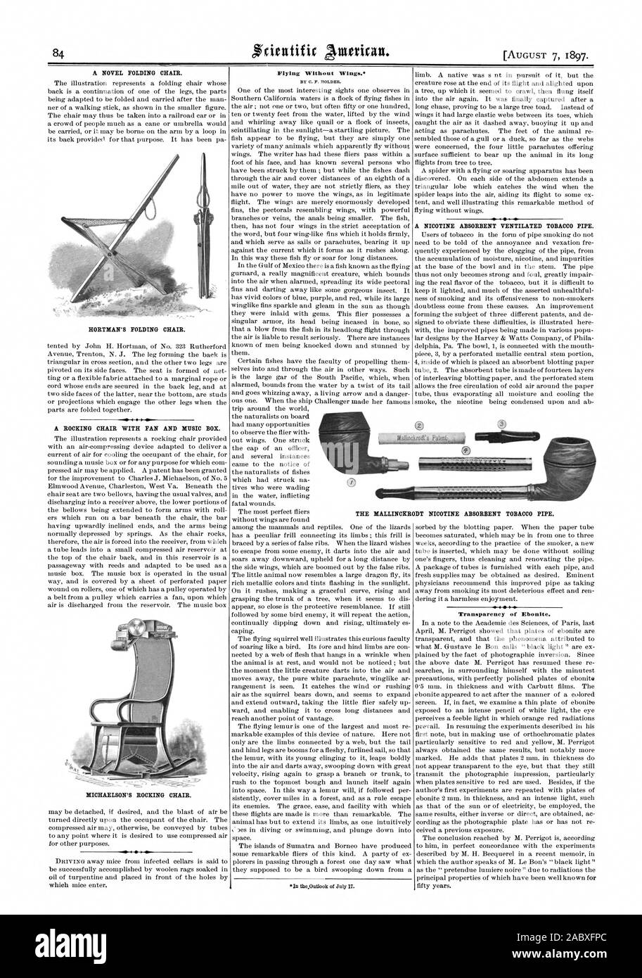 Una nuova sedia pieghevole. HORTMAN la sedia pieghevole. Una sedia a dondolo CON VENTILATORE E MUSIC BOX . MICHAELSON la sedia a dondolo. Volare senza ali. Un assorbente di nicotina tabacco ventilati tubo. La trasparenza di ebanite. La MALLINCKRODT NICOTINA TABACCO ASSORBENTE TUBO., Scientific American, 1897-08-07 Foto Stock