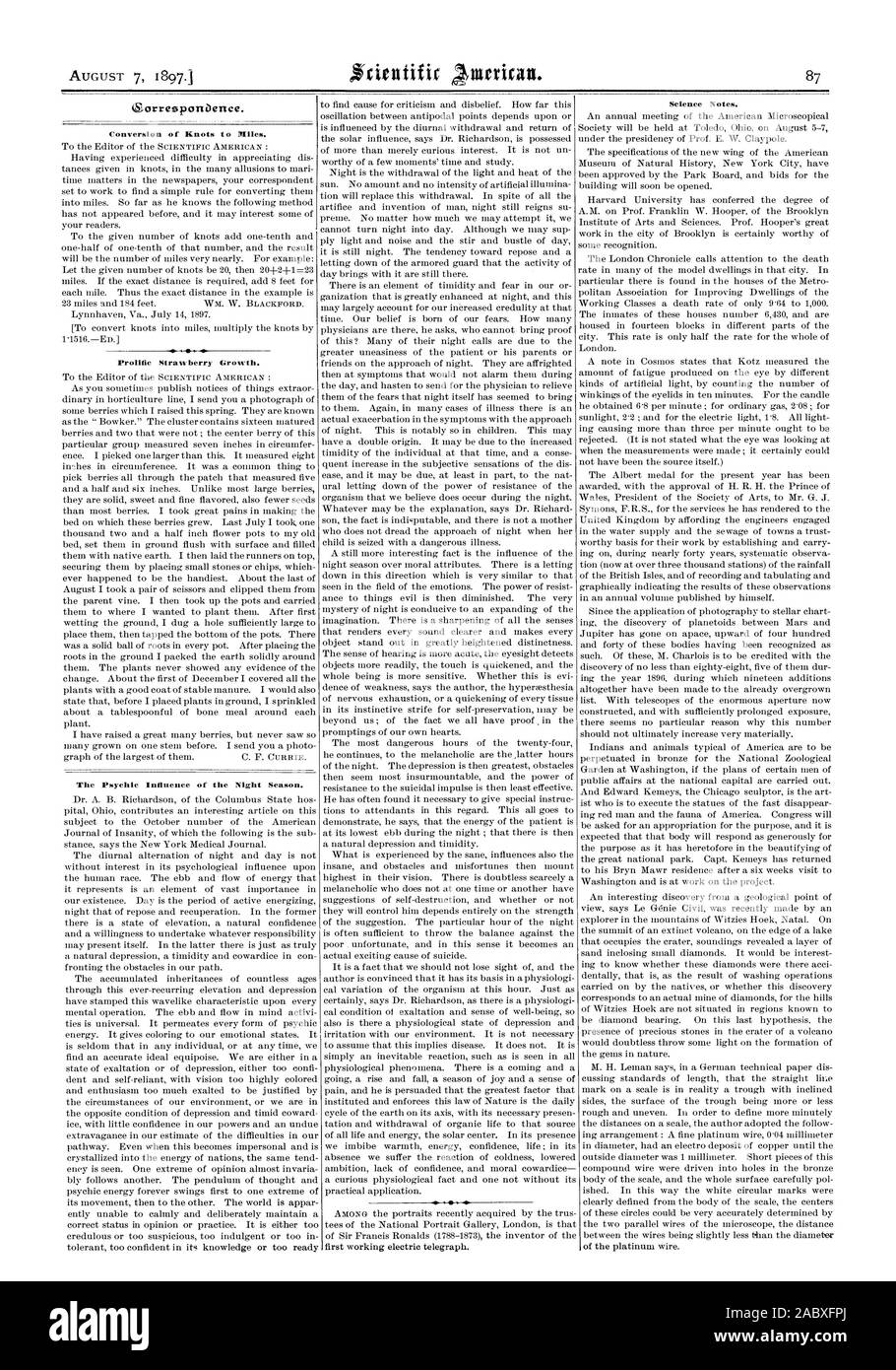 La conversione di nodi per miglia. Prolifico bacca di paglia di crescita. L'influenza psichica della notte Stagione. La scienza note. (Gorresponbence., Scientific American, 1897-08-07 Foto Stock