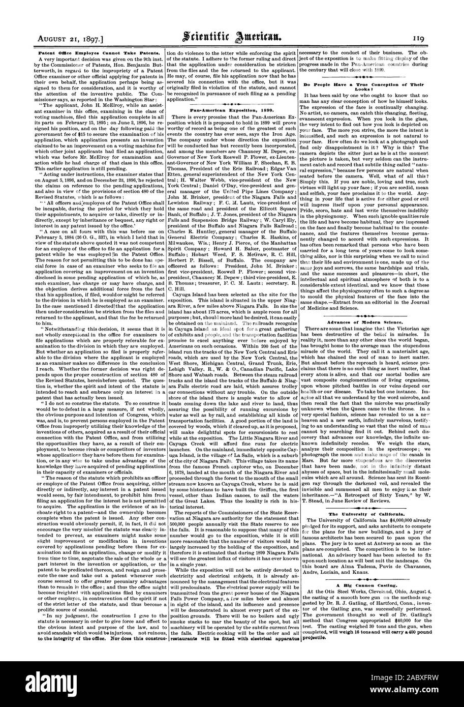 L'Ufficio brevetti Employes non possono prendere i brevetti. Esposizione panamericana 1899. ristoranti sarà dotato di apparecchio eleatrical fanno le persone hanno una vera e propria concezione del loro aspetto? I progressi della scienza moderna. L'Università della California. Un grande cannone colata. proiettile., Scientific American, 1897-08-21 Foto Stock
