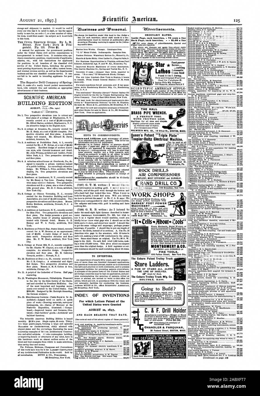 Toepler-Holtz macchina elettrica. 10 Chestnut San Philadelphia Pa. perforatrici da roccia compressori aria semplice più efficiente e durevole. (RAND TRAPANARE CO.) 100 Broadway New York. Lavoro NEGOZI BARNES' piedi macchinari elettrici 1999 RuaY RoCaroRD ST. MONTGOMERY &Co. Strumenti di fine 105 Fulton Street a New York City il brevetto Coburn carrello via Scale Store. Una coppia di scale lungo tutta la linea di ripiani. Il Coburn carrello via Mfg. Co. HOLYOKE MASS. CHANDLER & FARQUHAR 38 Federal Street BOSTON MASS., Scientific American, 1897-08-21 Foto Stock