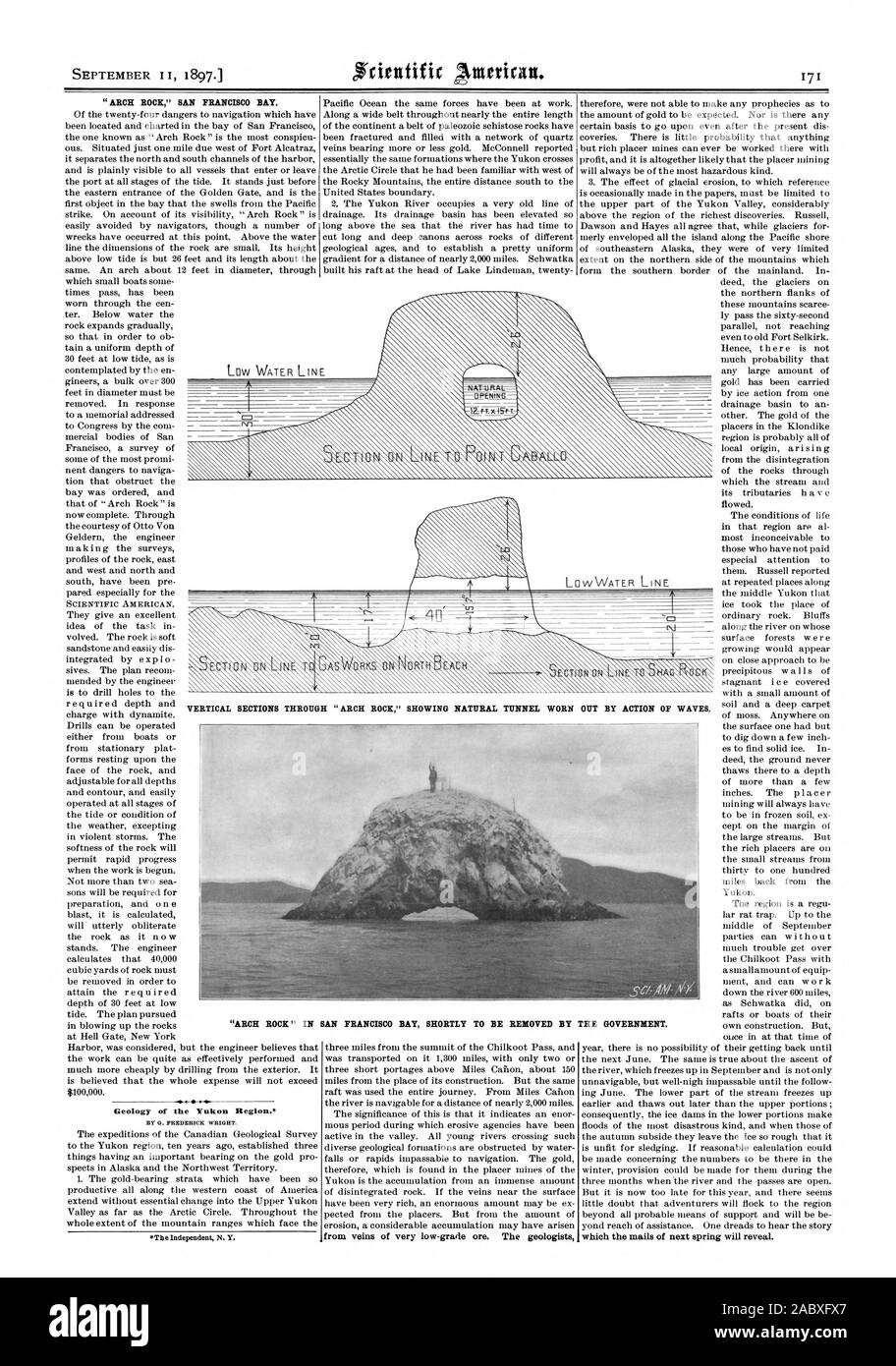 ARCH ROCK' SAN FRANCISCO BAY. SCIENTIFIC AMERICAN. La geologia della regione dello Yukon. Da G. Frederick Wright. Gli indipendenti N. Y. da vene di molto a basso grado minerale. I geologi che la posta elettronica della prossima primavera si rivelerà. Sezioni verticali attraverso 'ARCH ROCK' mostra tunnel naturale usurato dall azione di onde. 'ARCH ROCK' NELLA BAIA DI SAN FRANCISCO a breve per essere rimosso dal governo., 97-09-11 Foto Stock
