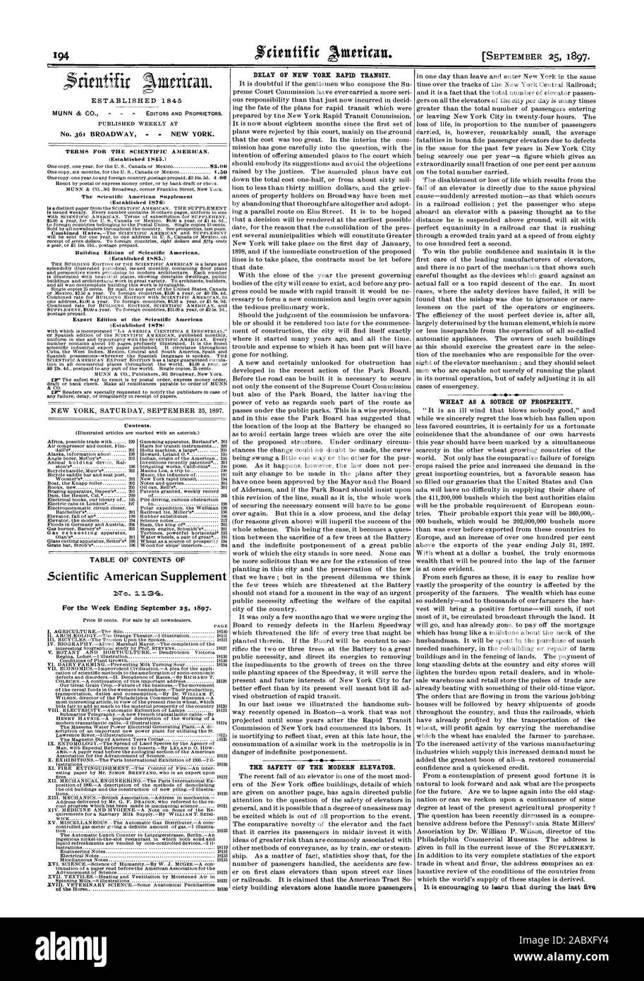 Tabella dei contenuti di Scientific American supplemento 1 a. i134. Ritardo DI NEW YORK il transito rapido. La sicurezza del moderno ascensore. Il grano come una fonte di prosperità., 1897-09-25 Foto Stock