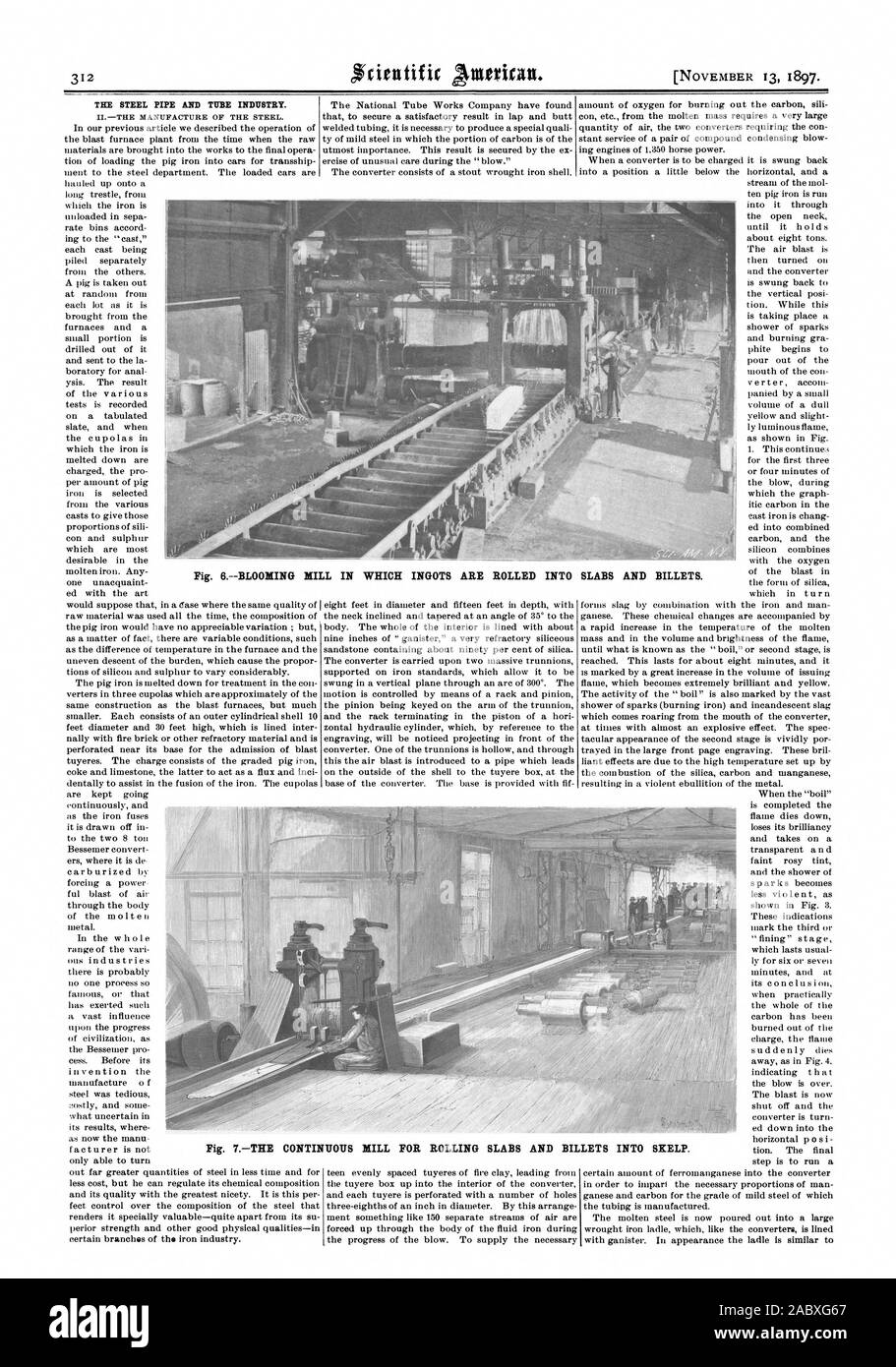 Il tubo in acciaio e il tubo dell'industria. INT LLETS SKELP. Fig. 7IL CONTIN UOUS mulino per la laminazione bramme e BI, Scientific American, 1897-11-13 Foto Stock