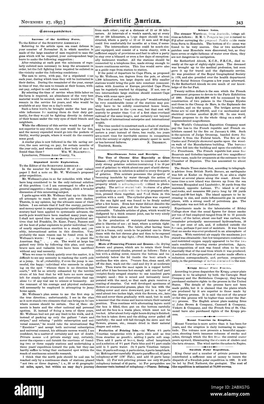 Aumento della forza di artiglieria. Organizzati di esplorazione artica. Note varie e ricevute. Gli usi di Chrome colla soprattutto come vetro resina resina dammar invece di colophonyPharm. Zeitung. La scienza note. Krupp piastra di armatura per il processo. Vesuvio in eruzione. Swedish Polar Expedition. La spedizione è stimato a 70000 corone., Scientific American, 1897-11-27 Foto Stock