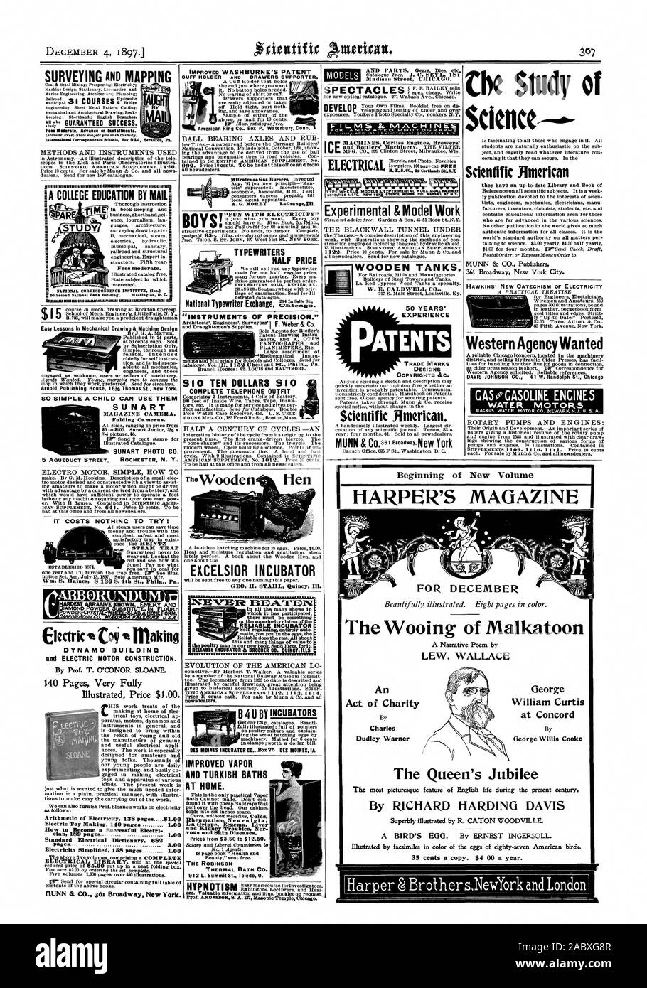 Western Agenzia voleva MOTORI DI ACQUA UN COLLEGIO DI ISTRUZIONE DA MAC MACCHINE PER SCRIVERE A METÀ PREZZO E0 RBI-IASI-4 incubatore incubatore affidabile chioccia & CO. Ho UINCY mali. Film & MACCHINE ELETTRICHE DI GHIACCIO nnolomMN $ I 0 dieci dollari $ I 0 completo corredo telefono migliorata di vapore e bagni turchi a casa. Il Robinson serbatoi di legno. 50 anni di esperienza di brevetti marchi modelli copyright &C. Rinerican scientifico io inizio del nuovo volume per il mese di dicembre il Wooing di Malkatoon LEW. WALLACE la Regina per il Giubileo di Richard Harding DAVIS 35 centesimi una copia. $4 00 un anno. George William Curtis presso Concord un atto di Foto Stock