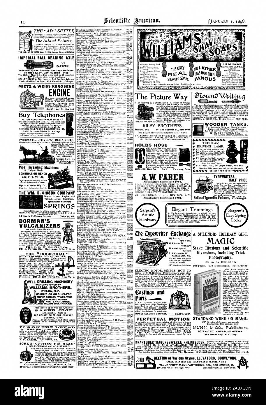 BOSTON 83 Wyandotte St" KANSAS CITY MO. Uno splendido regalo per le feste. Stadio di magia illusioni e deviazioni scientifici compresi trucco fotografico. Da A. A. Hopkins. Getti e parti MIANUS ELECTRIC COMPANY MIANUS. CONN. Moto PERPETUO DI LAVORO STANDARD SU MAGIC., Scientific American, 1898-01-01 Foto Stock
